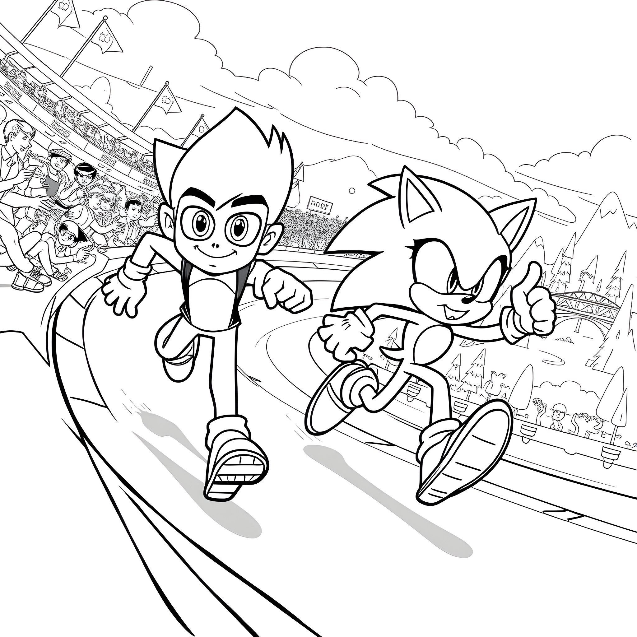 Ben 10 and Sonic the Hedgehog racing on the track Coloring Page (free black-and-white line drawing printable PDF for all, from beginners to advanced learners, including children, teens, adults, and seniors)