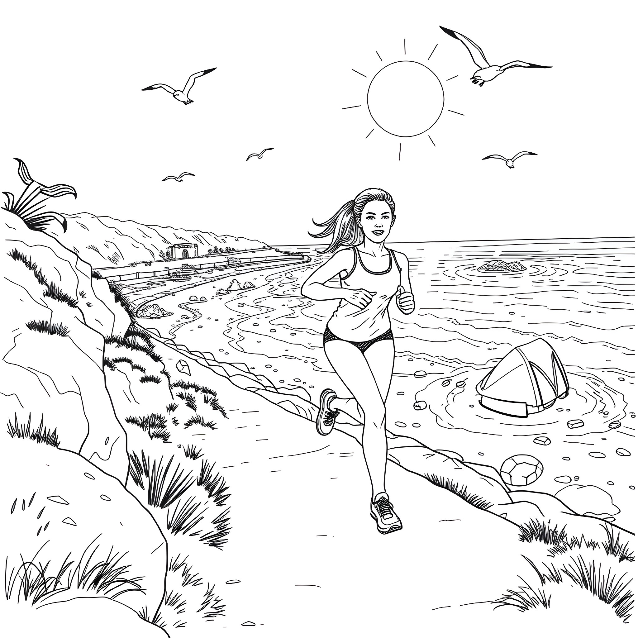Sydney Sweeney running along the beach Coloring Page (free black-and-white line drawing printable PDF for all, from beginners to advanced learners, including children, teens, adults, and seniors)