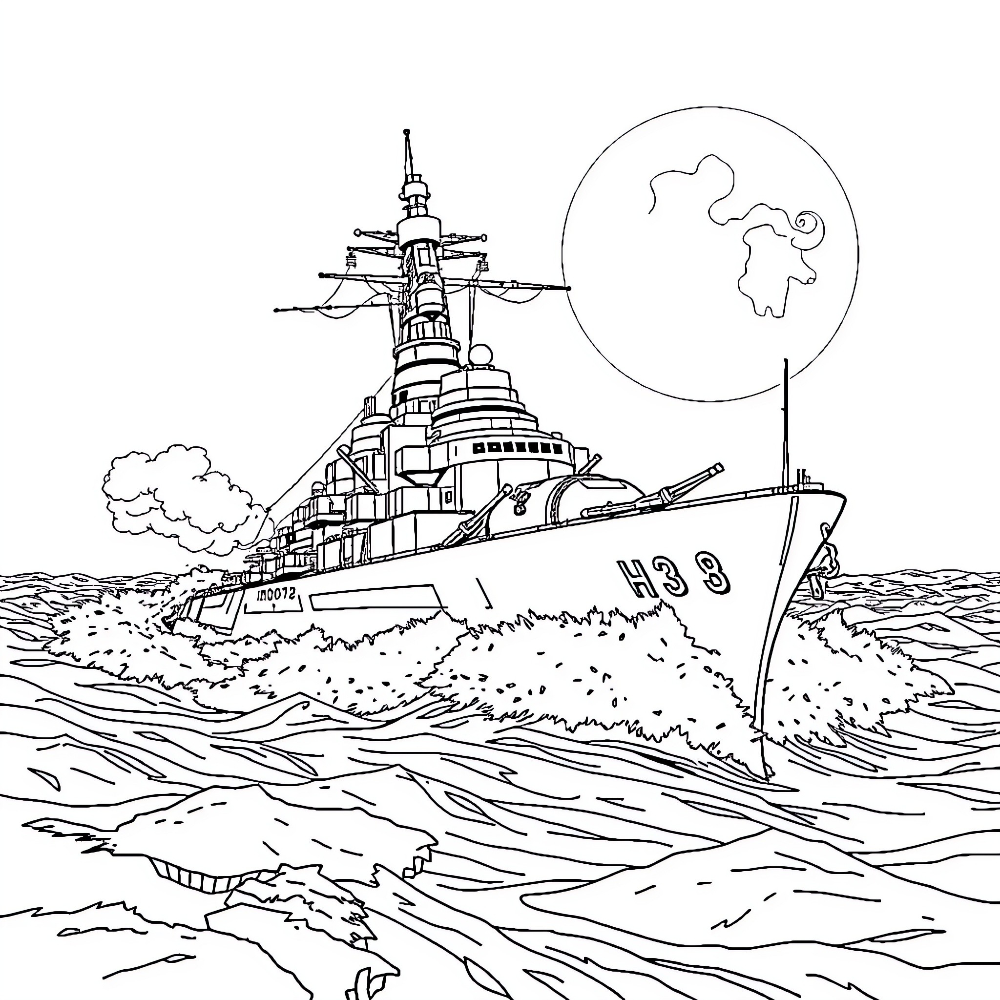 Battleship Sailing Across Rough Seas Coloring Page (free black-and-white line drawing printable PDF for all, from beginners to advanced learners, including children, teens, adults, and seniors)