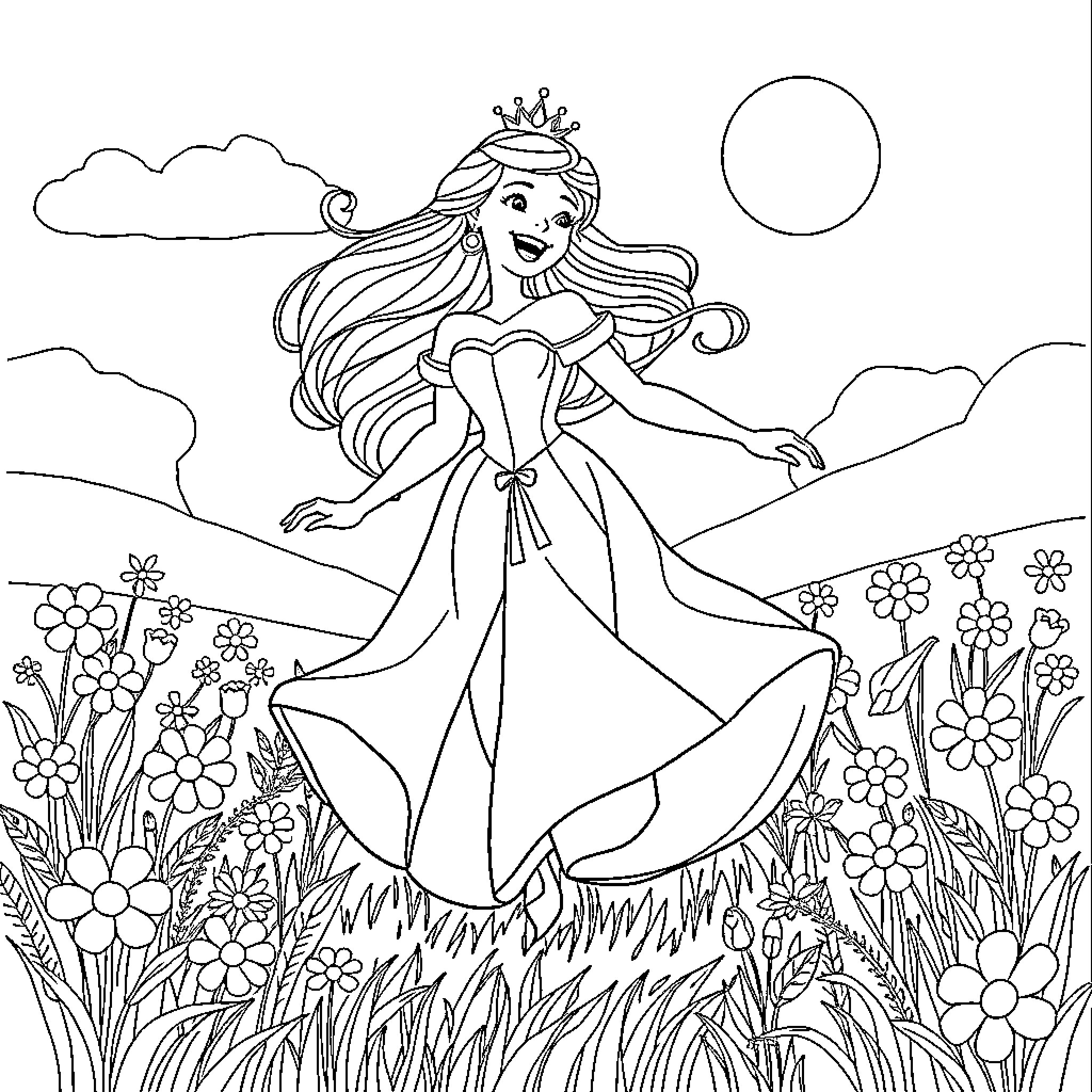 Princess Enjoying Nature's Beauty Coloring Page (free black-and-white line drawing printable PDF for all, from beginners to advanced learners, including children, teens, adults, and seniors)