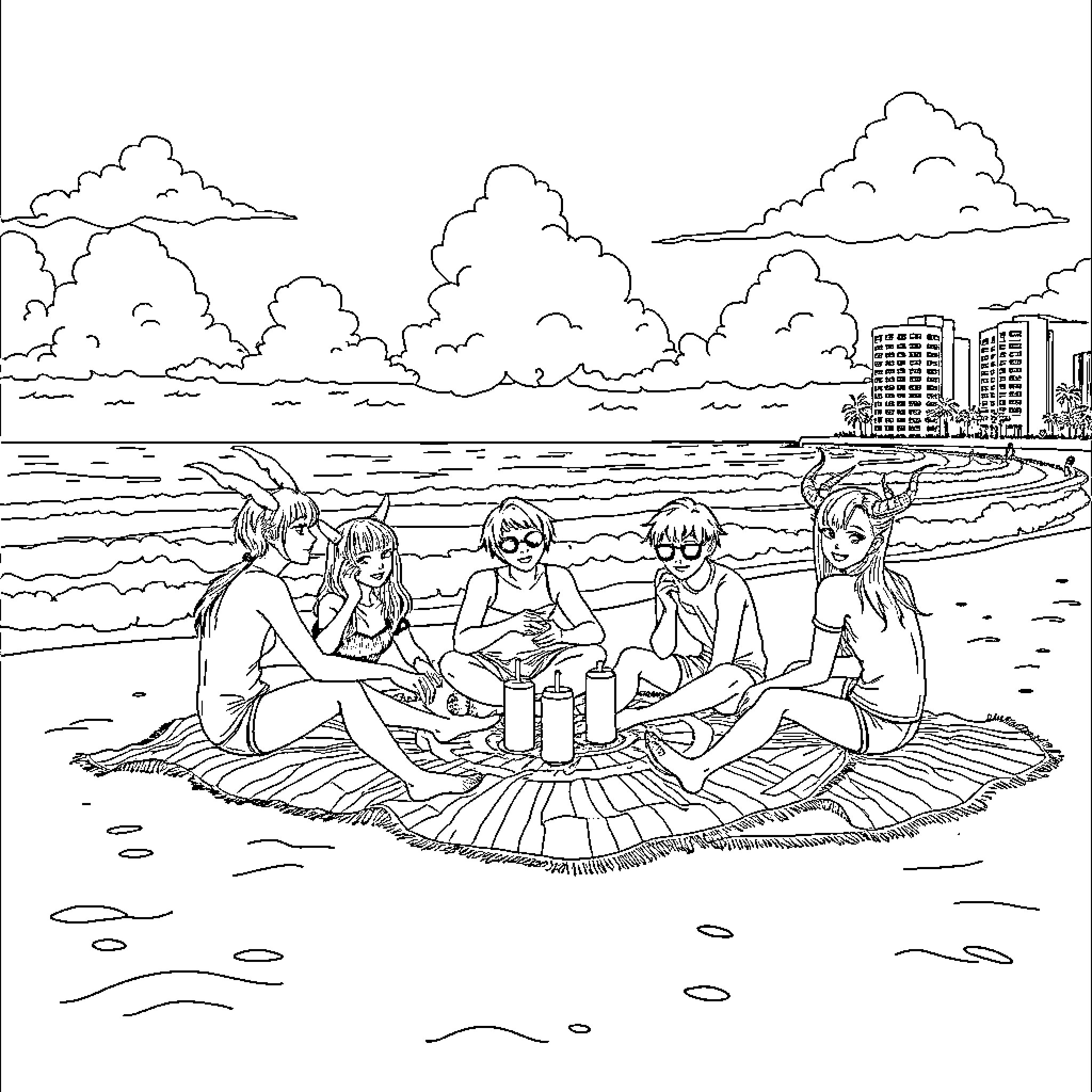 Demon Hunter's Beach Picnic with Friends Coloring Page (free black-and-white line drawing printable PDF for all, from beginners to advanced learners, including children, teens, adults, and seniors)