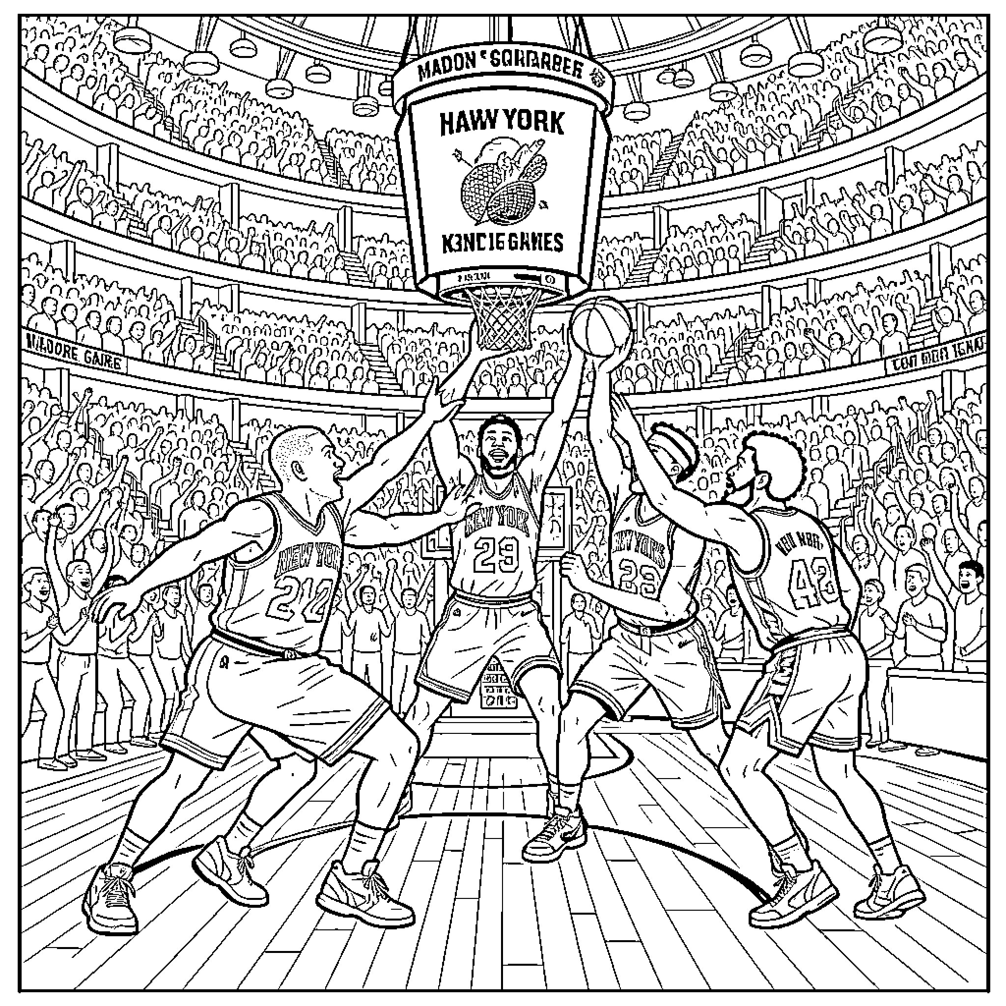 Knicks basketball players competing intensely during a game Coloring Page (free black-and-white line drawing printable PDF for all, from beginners to advanced learners, including children, teens, adults, and seniors)