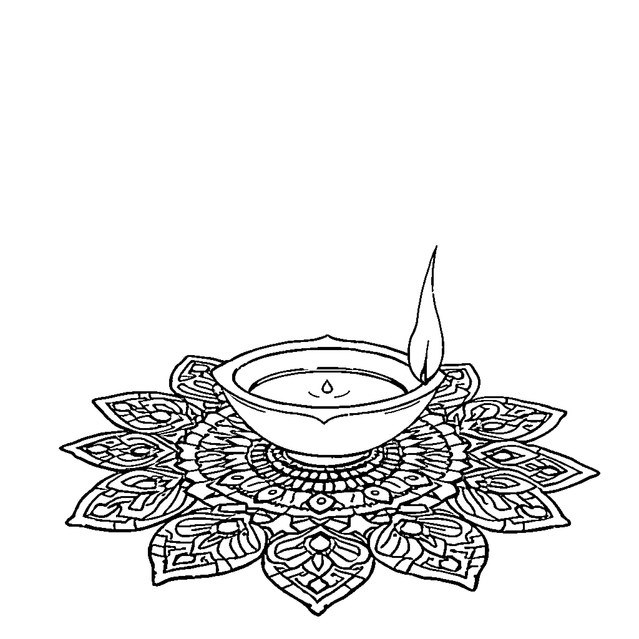 Diya with intricate floral mandala design Coloring Page (free black-and-white line drawing printable PDF for all, from beginners to advanced learners, including children, teens, adults, and seniors)