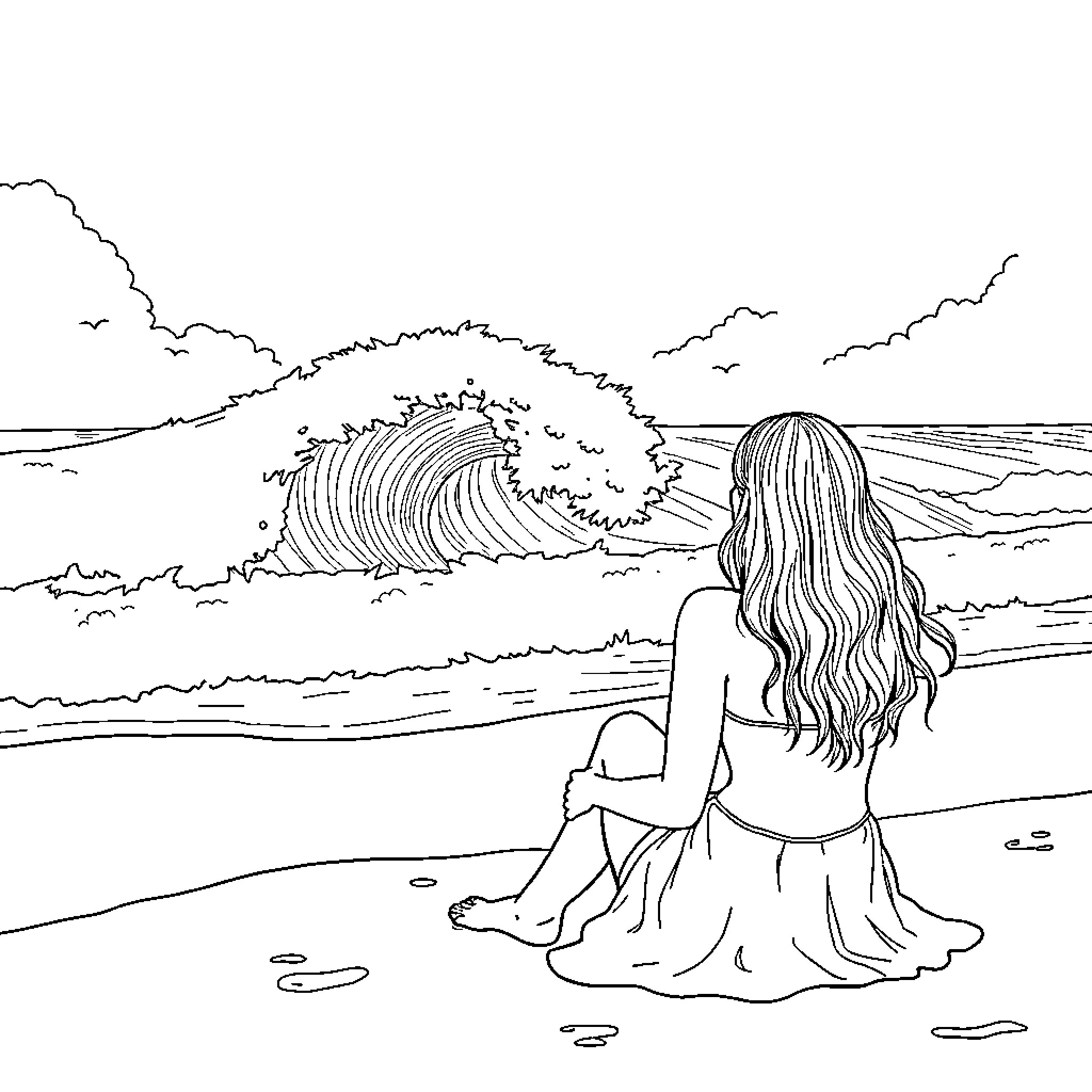 Wife enjoys peaceful beachside moment Coloring Page (free black-and-white line drawing printable PDF for all, from beginners to advanced learners, including children, teens, adults, and seniors)