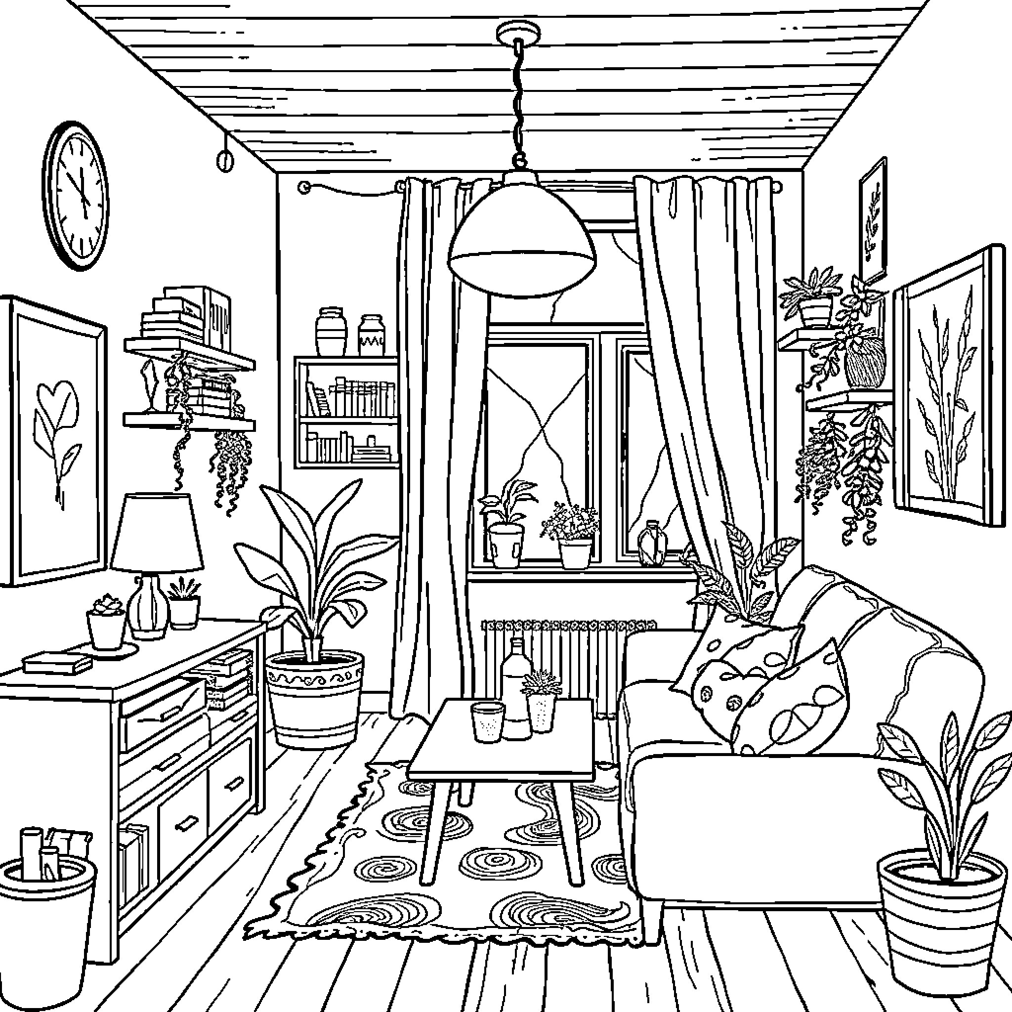 Apartment with cozy home decor and plants Coloring Page (free black-and-white line drawing printable PDF for all, from beginners to advanced learners, including children, teens, adults, and seniors)