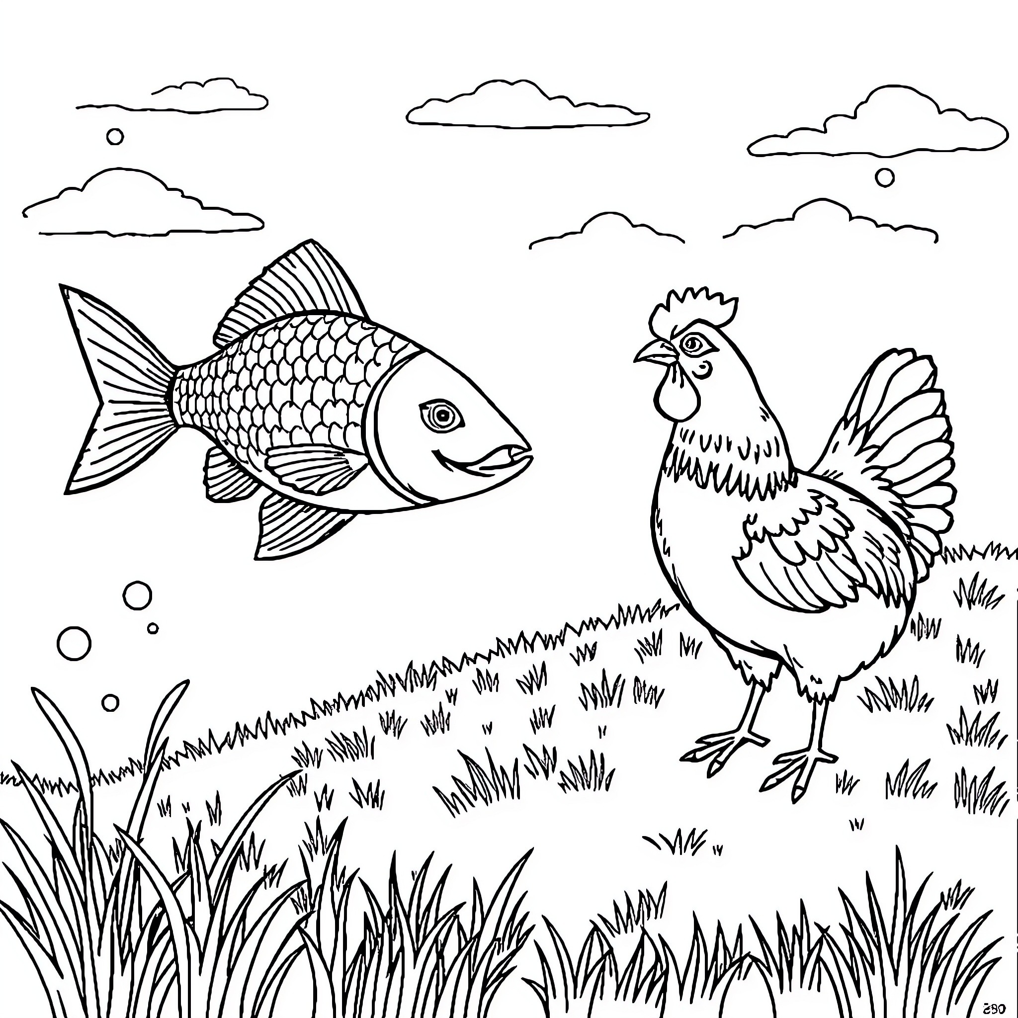 Fish and Chicken in Nature Scene Coloring Page (free black-and-white line drawing printable PDF for all, from beginners to advanced learners, including children, teens, adults, and seniors)