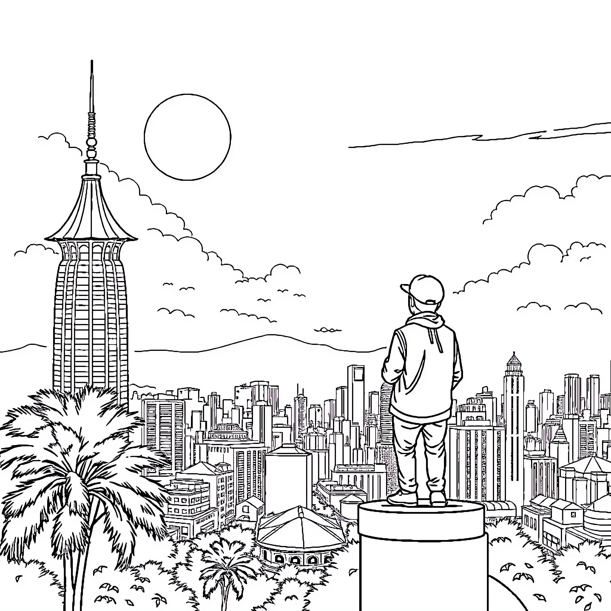 Pemuda overlooking the bustling city skyline Coloring Page (free black-and-white line drawing printable PDF for all, from beginners to advanced learners, including children, teens, adults, and seniors)
