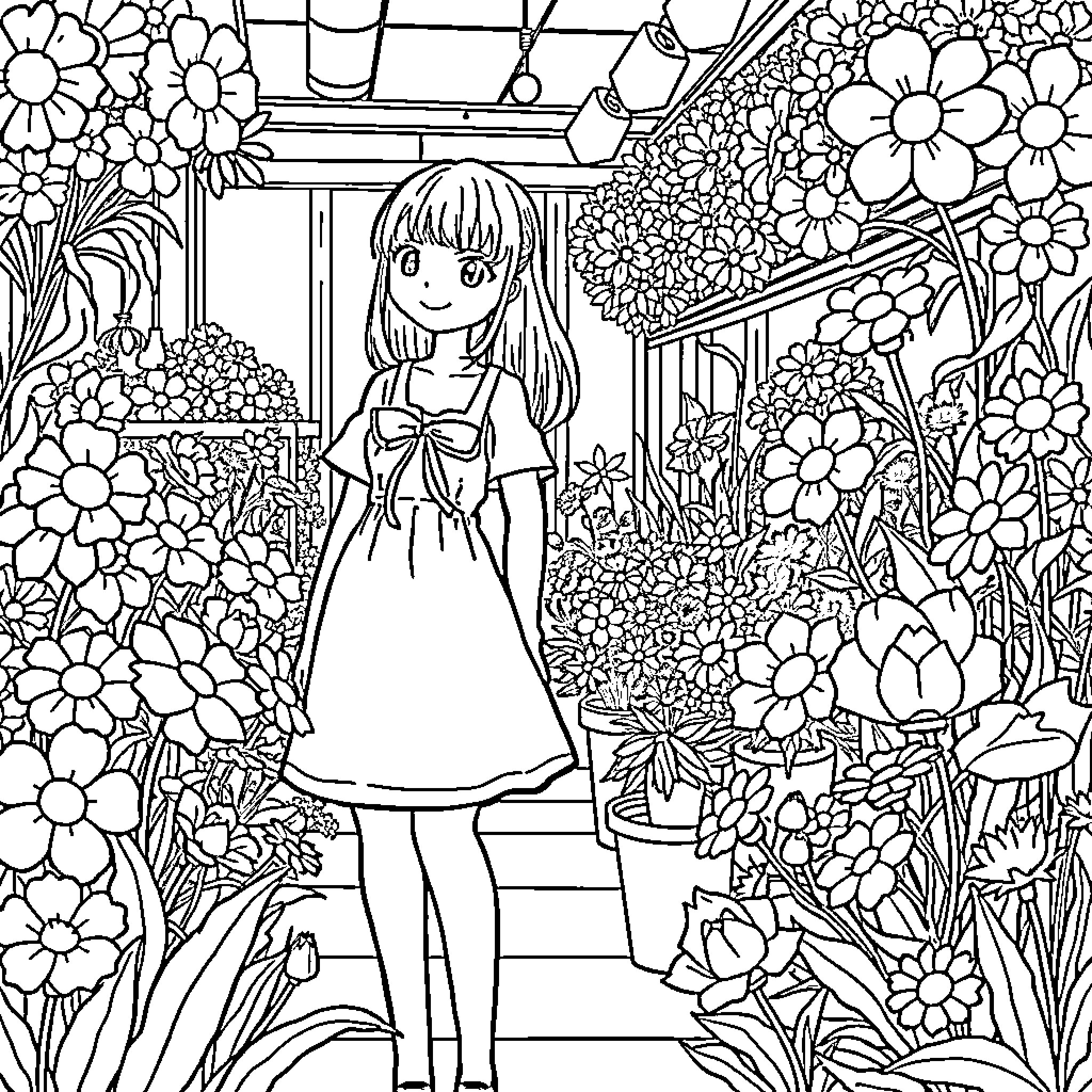Anime Girl in Flower Garden Coloring Page (free black-and-white line drawing printable PDF for all, from beginners to advanced learners, including children, teens, adults, and seniors)