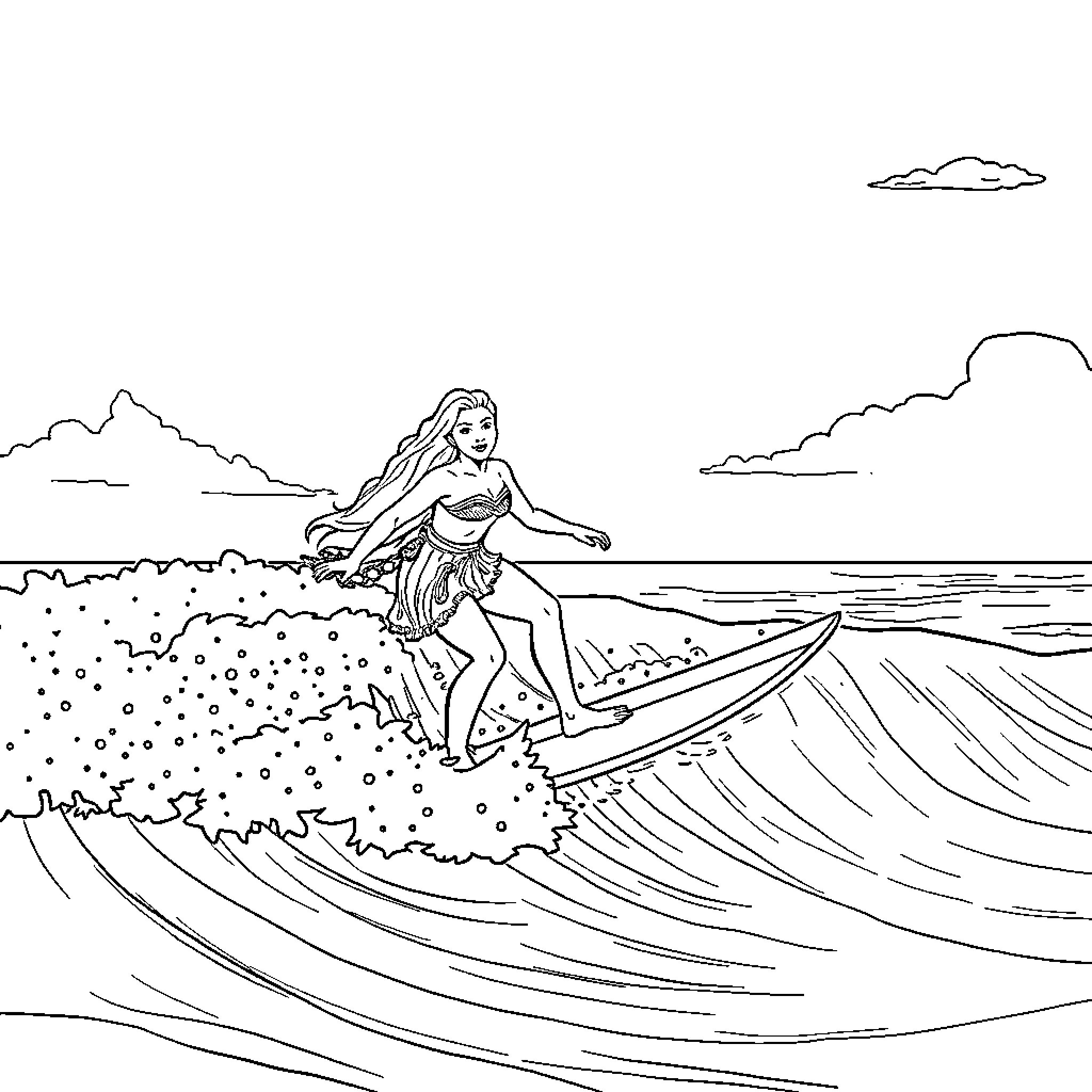 Moana surfing on the waves with nature Coloring Page (free black-and-white line drawing printable PDF for all, from beginners to advanced learners, including children, teens, adults, and seniors)