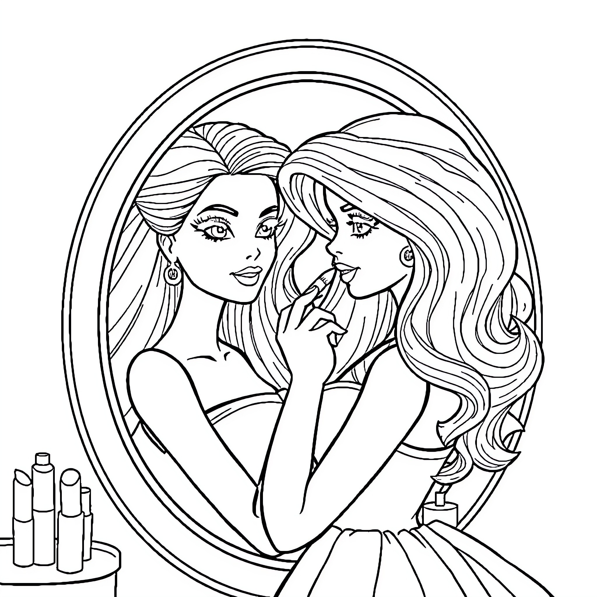 Barbie sisters posing in front of a mirror Coloring Page (free black-and-white line drawing printable PDF for all, from beginners to advanced learners, including children, teens, adults, and seniors)