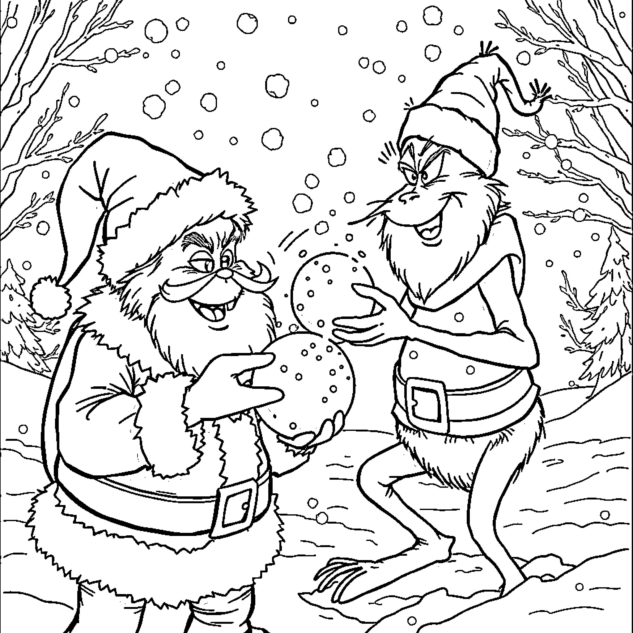 Santa and Grinch playing with snowball in the snowy scene Coloring Page (free black-and-white line drawing printable PDF for all, from beginners to advanced learners, including children, teens, adults, and seniors)