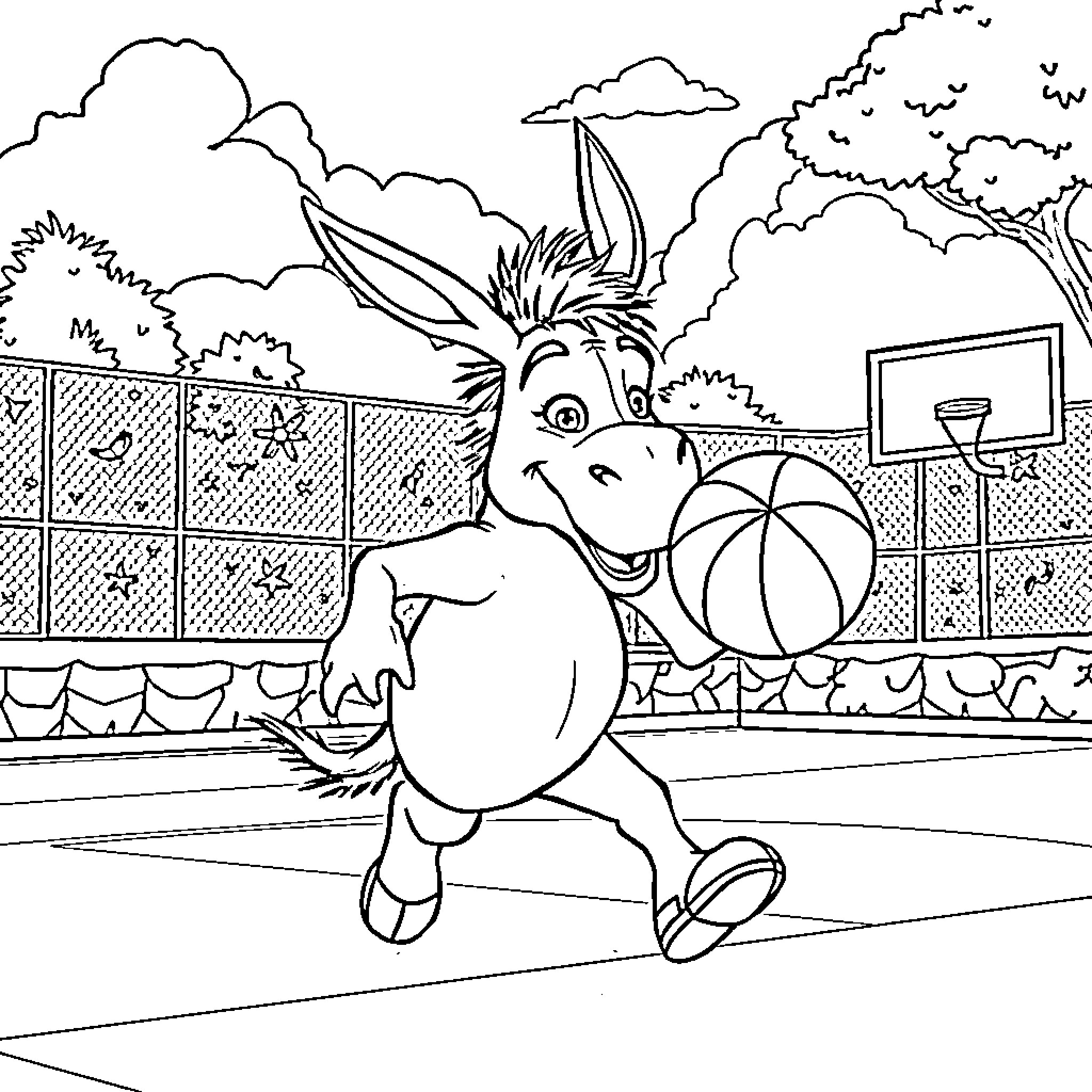 Donkey playing basketball on the court Coloring Page (free black-and-white line drawing printable PDF for all, from beginners to advanced learners, including children, teens, adults, and seniors)