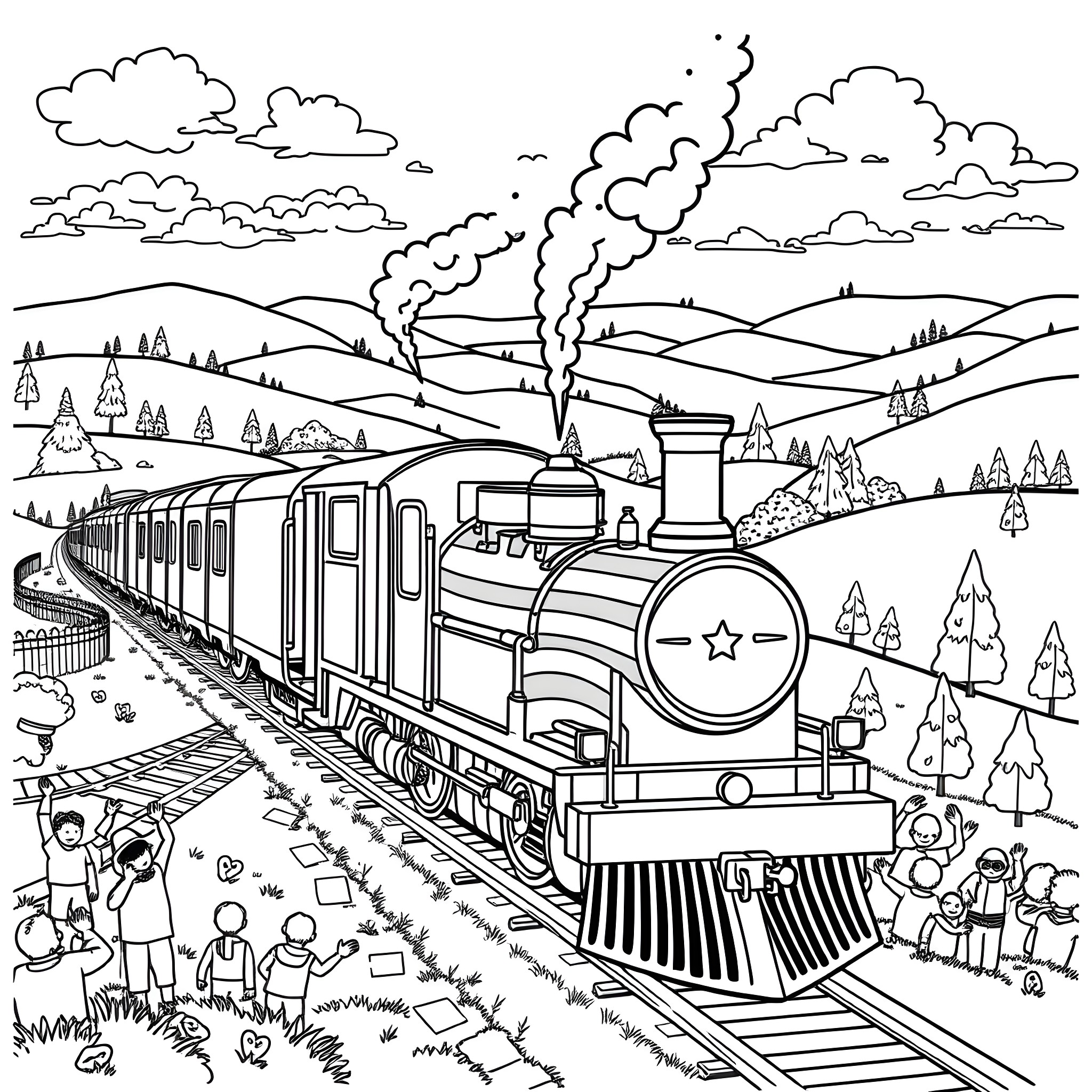 Train traveling through scenic countryside landscape Coloring Page (free black-and-white line drawing printable PDF for all, from beginners to advanced learners, including children, teens, adults, and seniors)