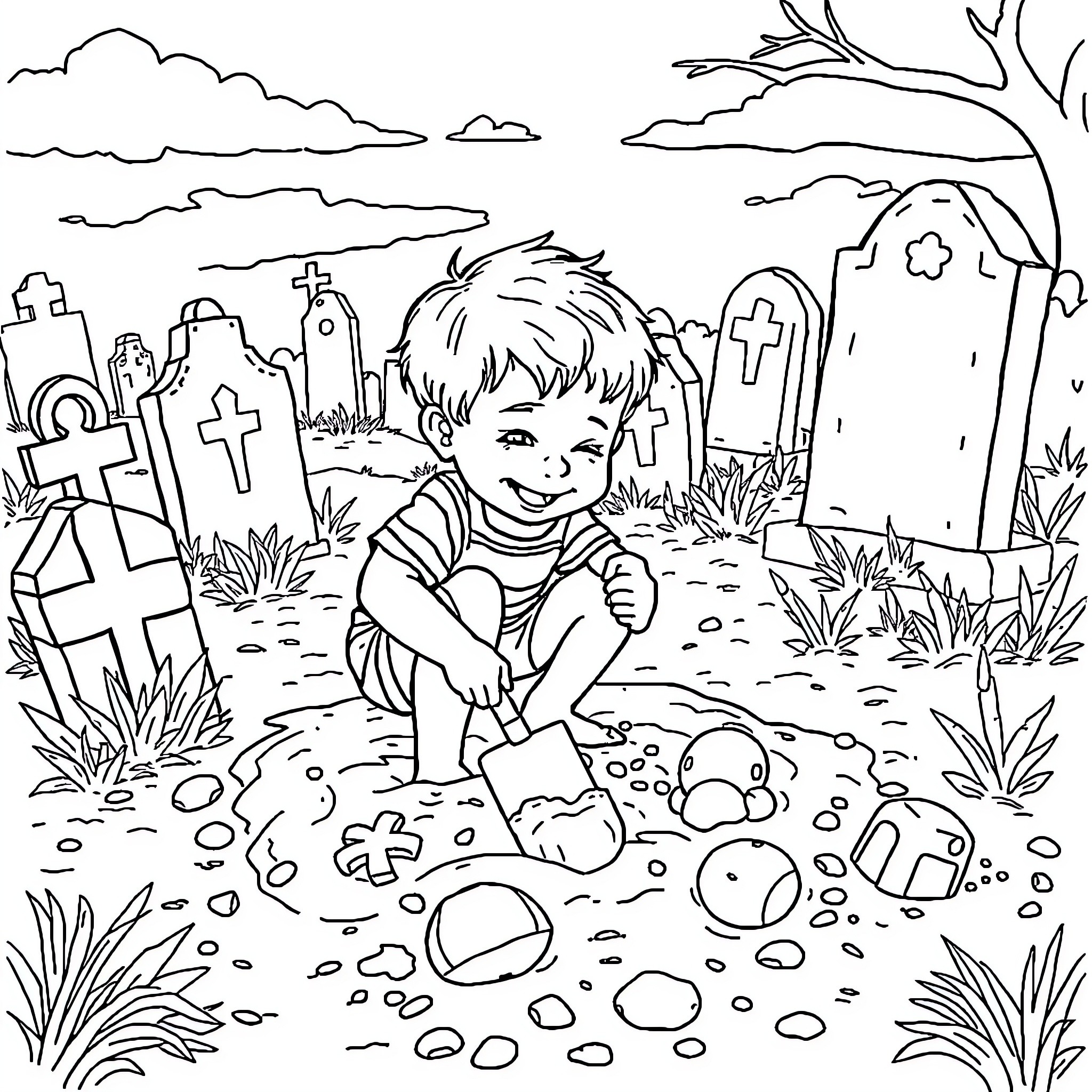 Kid Exploring a Spooky Graveyard Coloring Page (free black-and-white line drawing printable PDF for all, from beginners to advanced learners, including children, teens, adults, and seniors)
