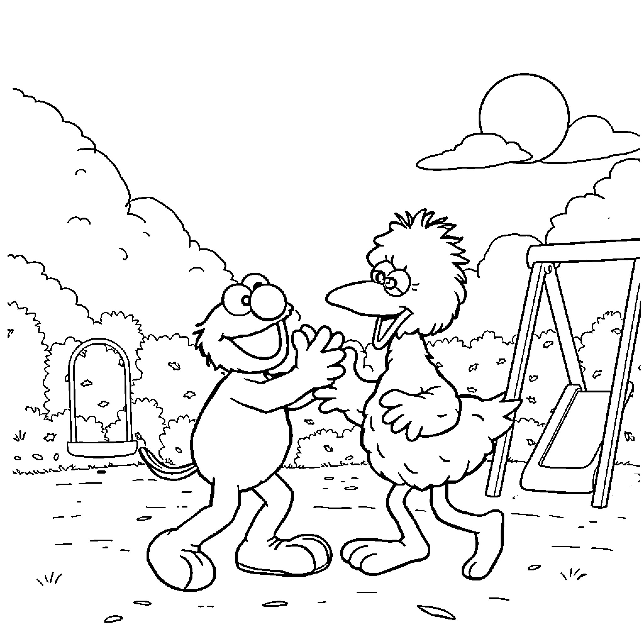 Elmo and Grover playing outdoors on a sunny day Coloring Page (free black-and-white line drawing printable PDF for all, from beginners to advanced learners, including children, teens, adults, and seniors)