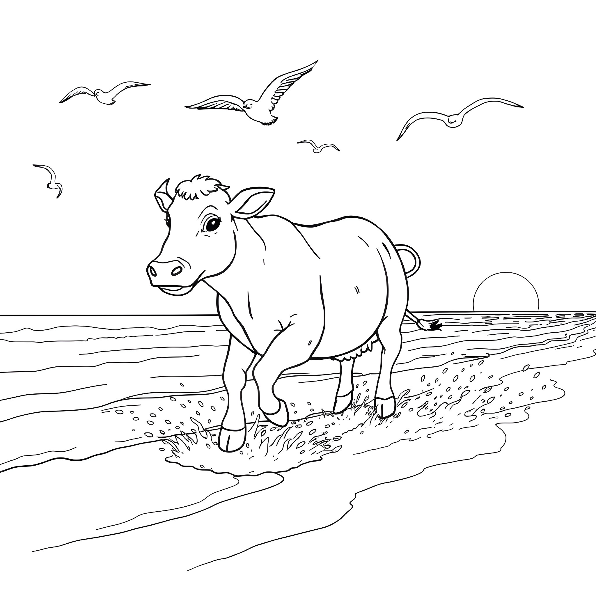 Cow enjoying a peaceful day by the beach Coloring Page (free black-and-white line drawing printable PDF for all, from beginners to advanced learners, including children, teens, adults, and seniors)