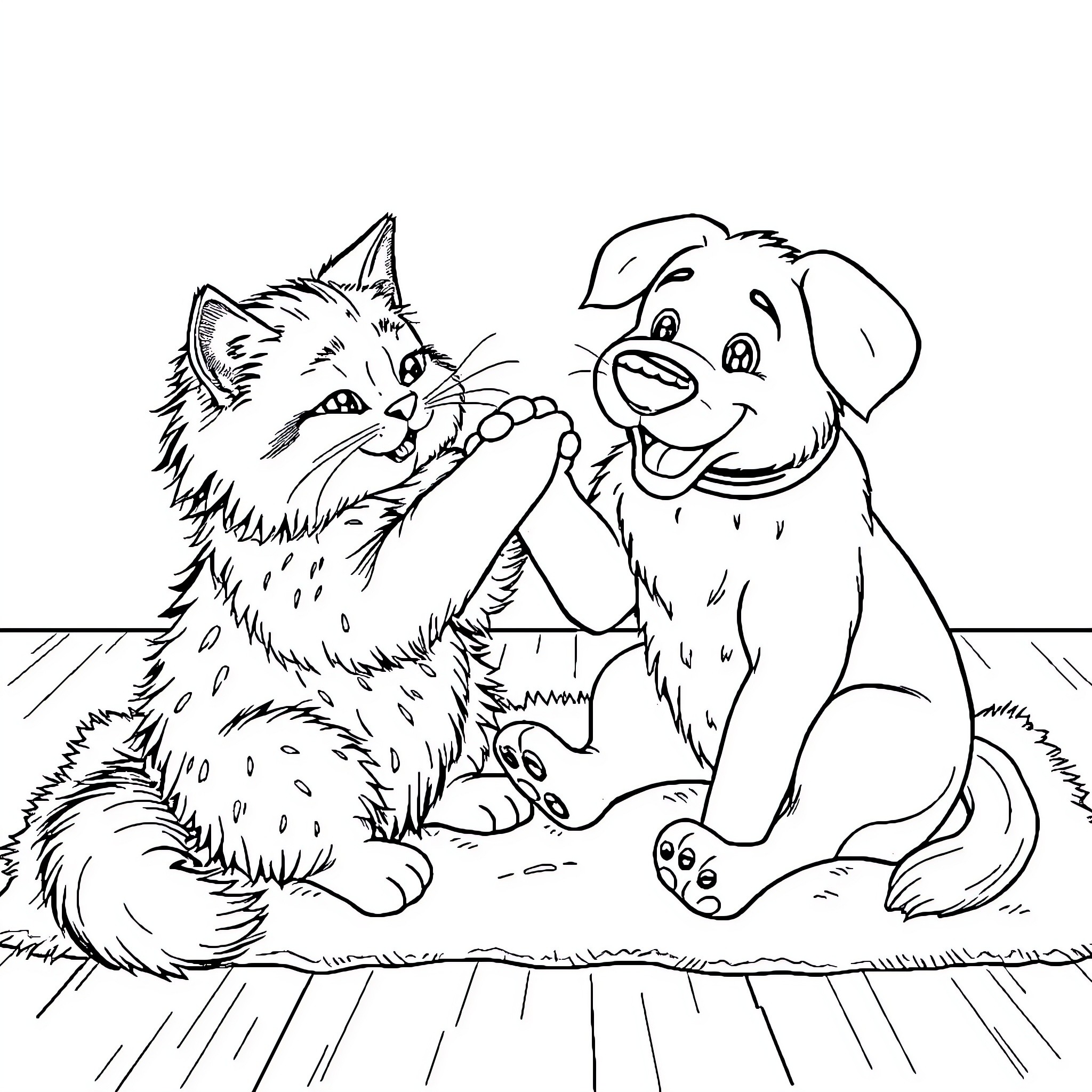 Cat and dog playing together happily Coloring Page (free black-and-white line drawing printable PDF for all, from beginners to advanced learners, including children, teens, adults, and seniors)