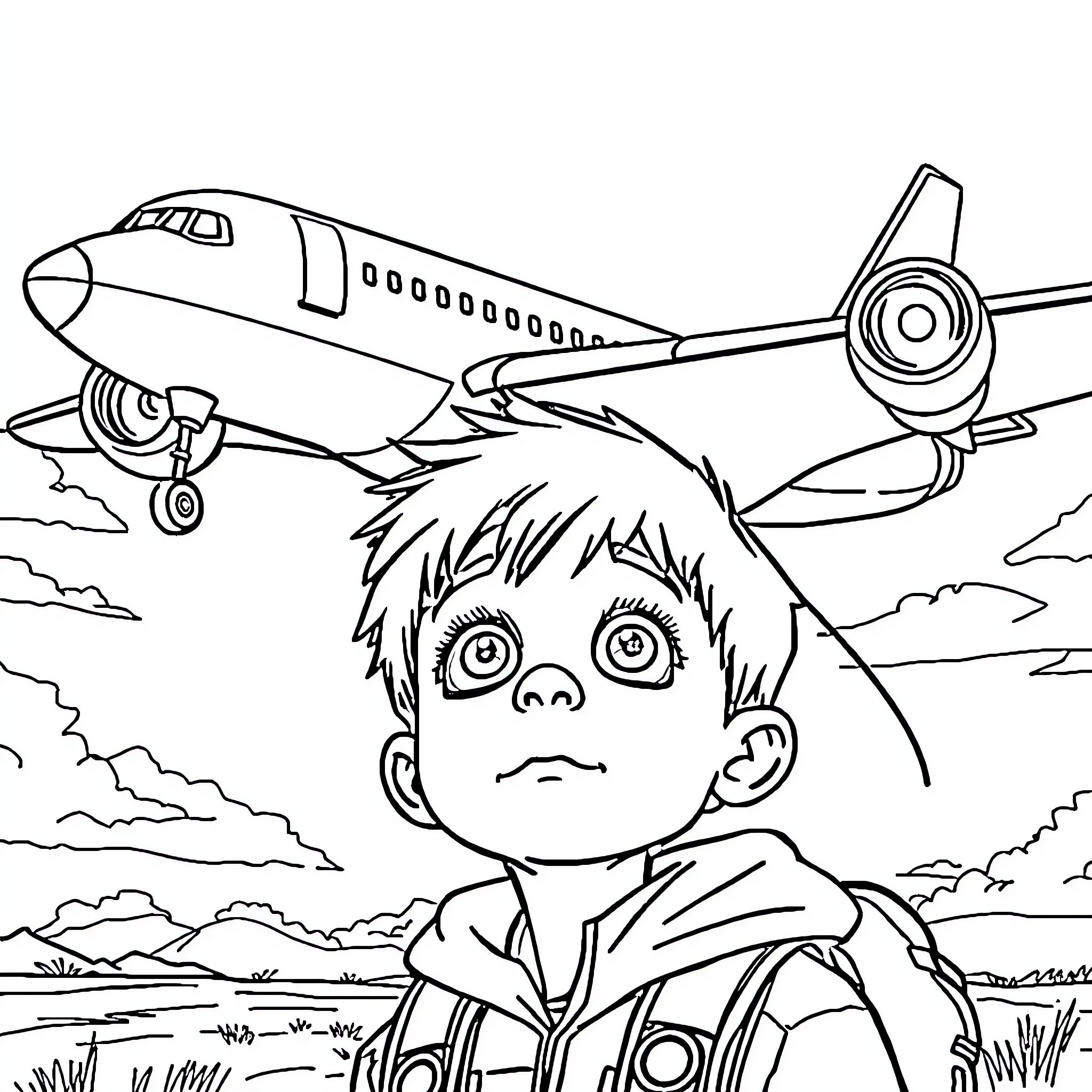 Boy watching a commercial airplane take off Coloring Page (free black-and-white line drawing printable PDF for all, from beginners to advanced learners, including children, teens, adults, and seniors)