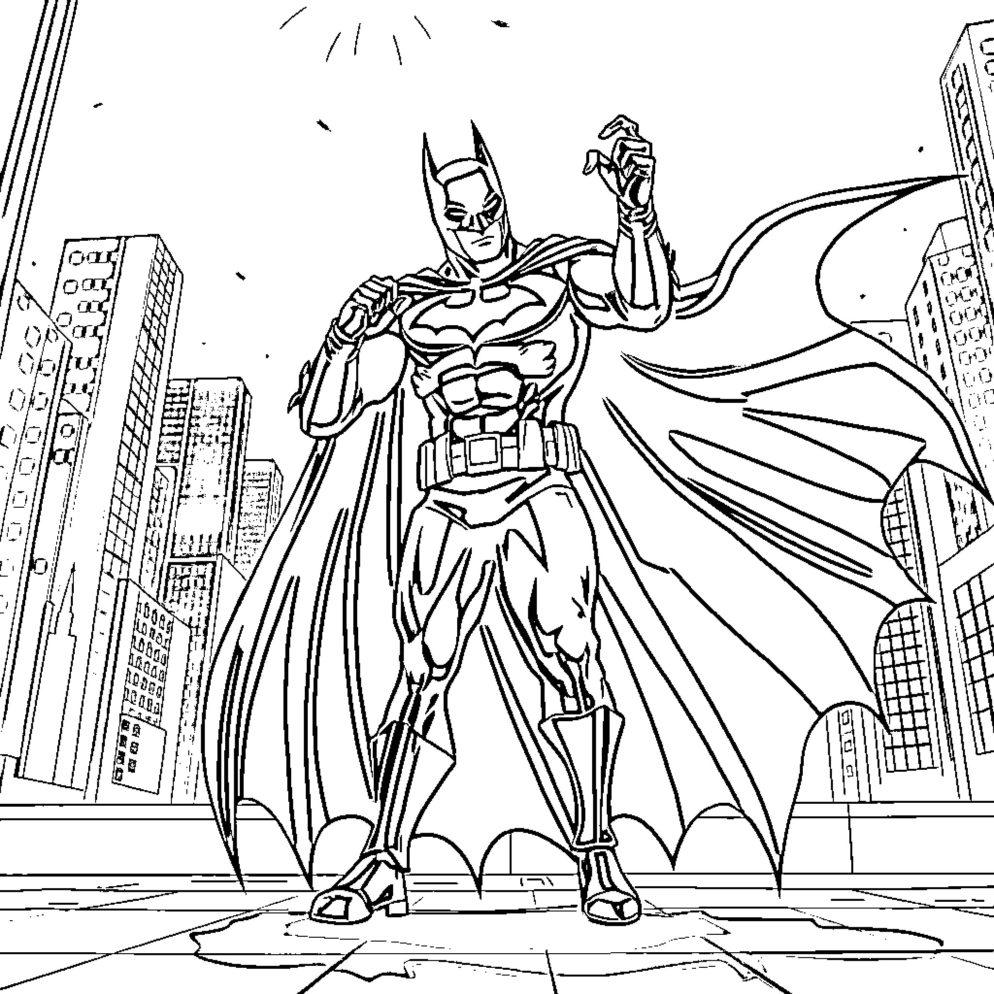 Batman in heroic pose facing city skyline Coloring Page (free black-and-white line drawing printable PDF for all, from beginners to advanced learners, including children, teens, adults, and seniors)