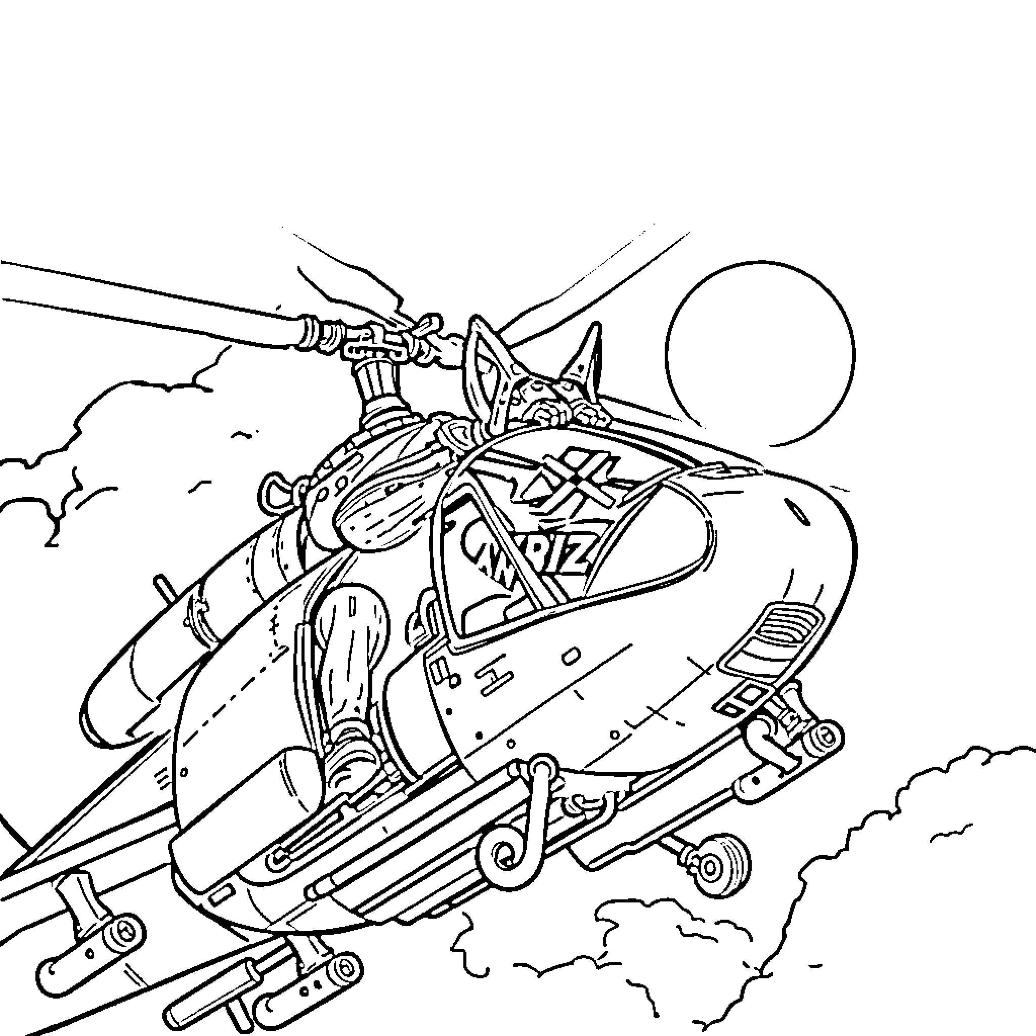 Bandit Heeler Helicopter Mission in the Sky Coloring Page (free black-and-white line drawing printable PDF for all, from beginners to advanced learners, including children, teens, adults, and seniors)