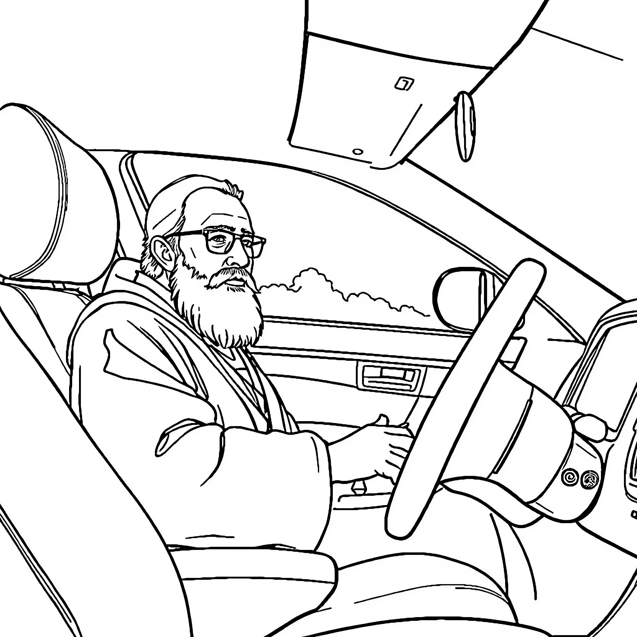 Pastor Alemán driving an automobile with focus Coloring Page (free black-and-white line drawing printable PDF for all, from beginners to advanced learners, including children, teens, adults, and seniors)