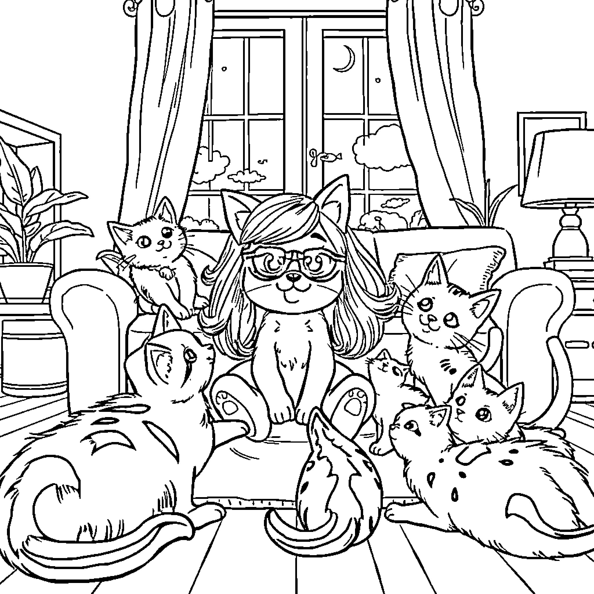 Kitty surrounded by playful feline friends Coloring Page (free black-and-white line drawing printable PDF for all, from beginners to advanced learners, including children, teens, adults, and seniors)