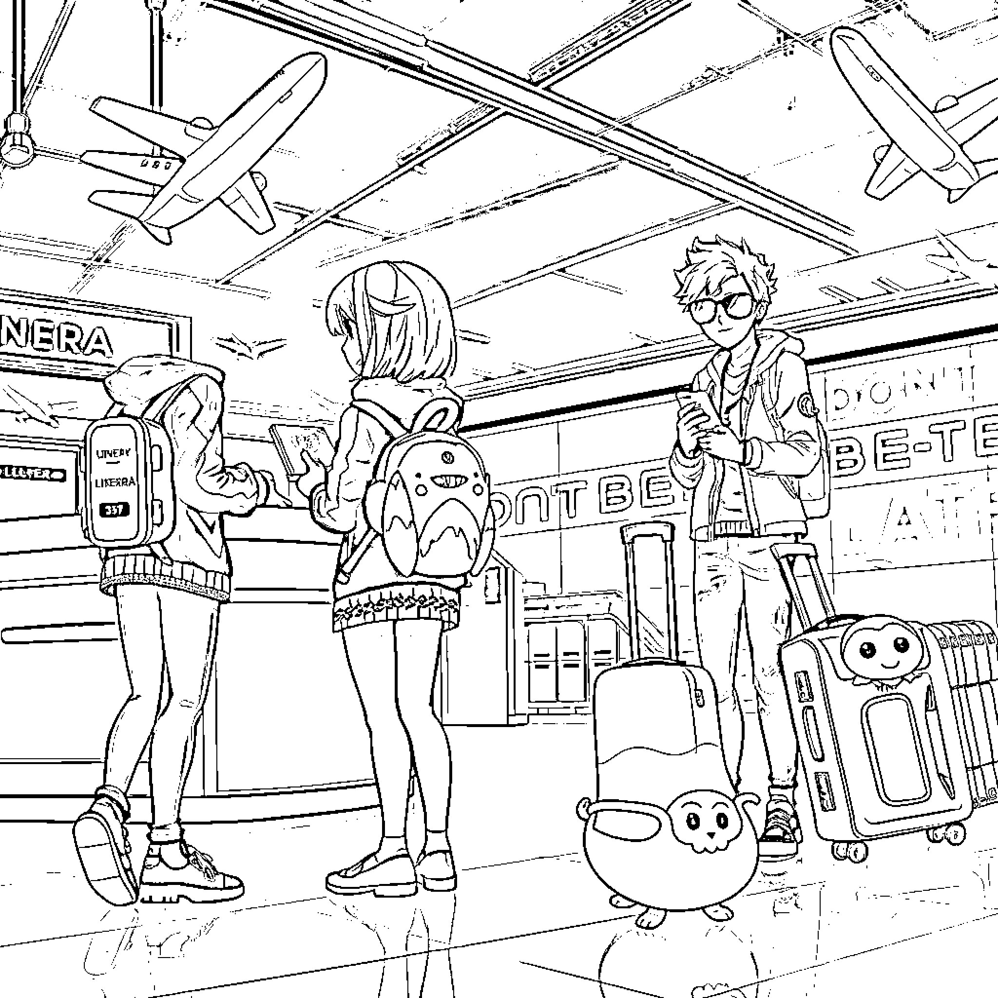 Airport Scene with Animated Characters Coloring Page (free black-and-white line drawing printable PDF for all, from beginners to advanced learners, including children, teens, adults, and seniors)