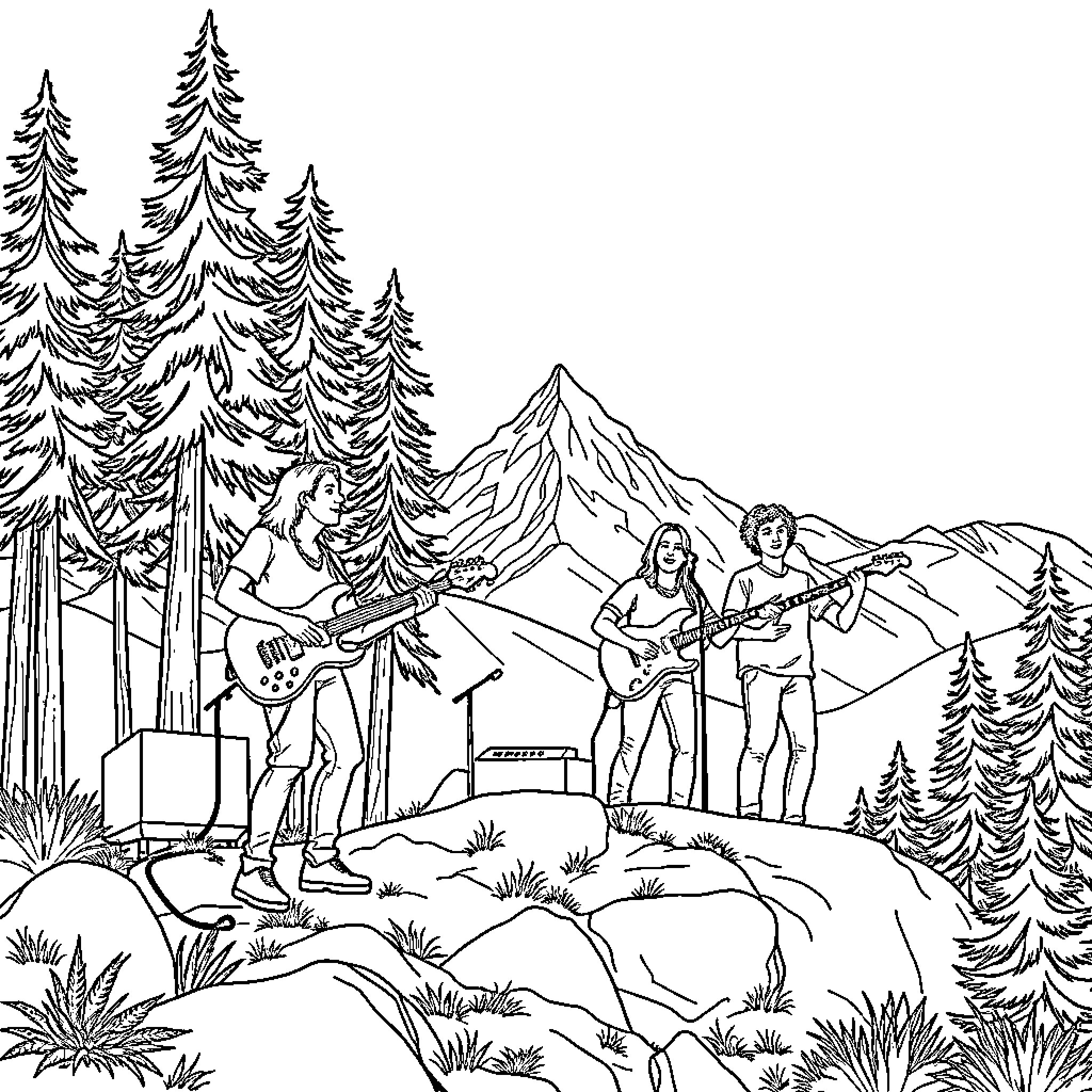 Band performing outdoors in nature setting Coloring Page (free black-and-white line drawing printable PDF for all, from beginners to advanced learners, including children, teens, adults, and seniors)