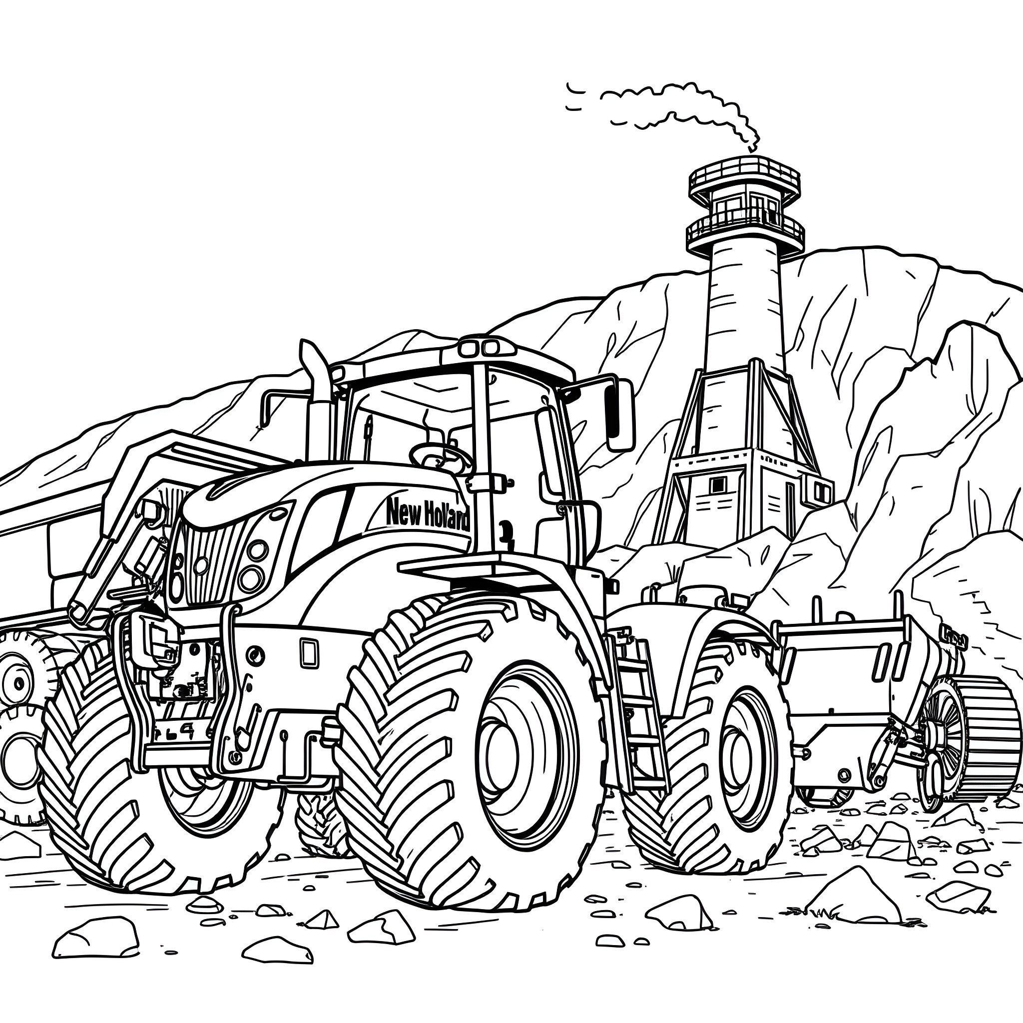 Tractor working in rugged terrain with watchtower Coloring Page (free black-and-white line drawing printable PDF for all, from beginners to advanced learners, including children, teens, adults, and seniors)