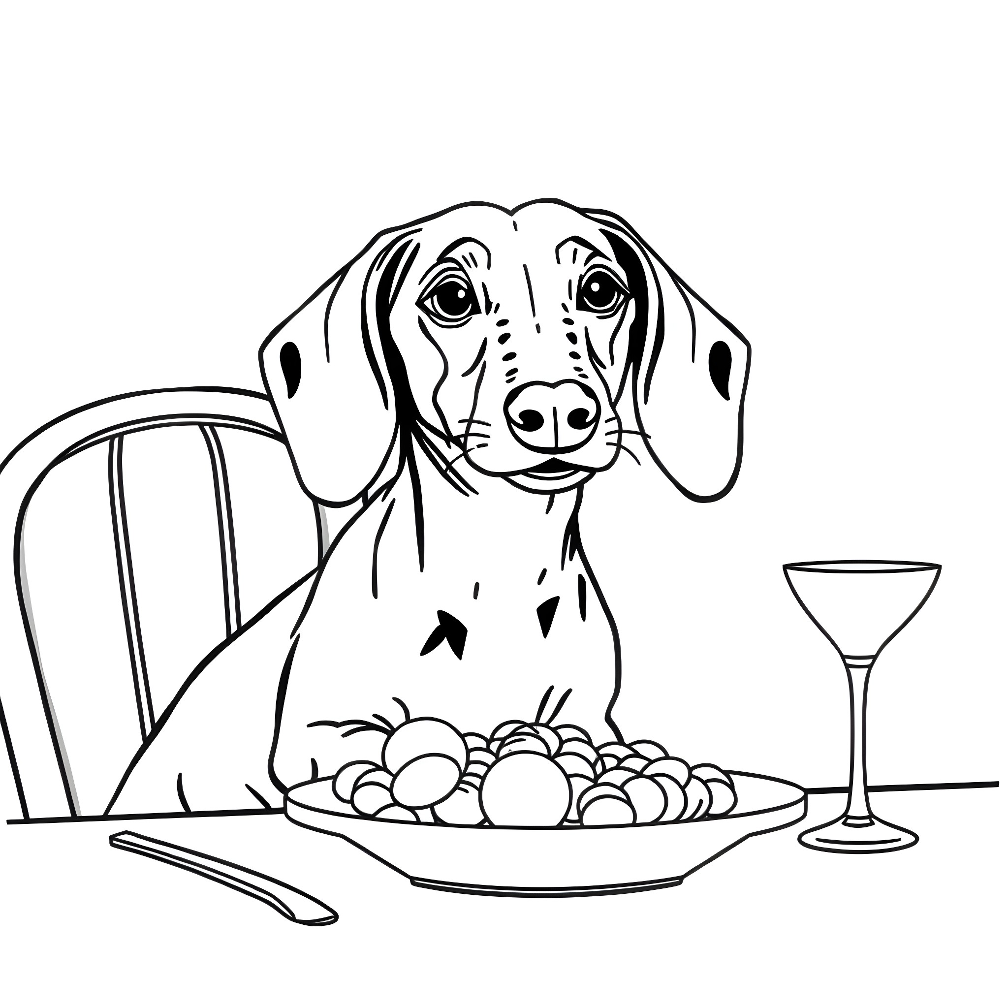 Dachshund enjoying a plate of treats Coloring Page (free black-and-white line drawing printable PDF for all, from beginners to advanced learners, including children, teens, adults, and seniors)