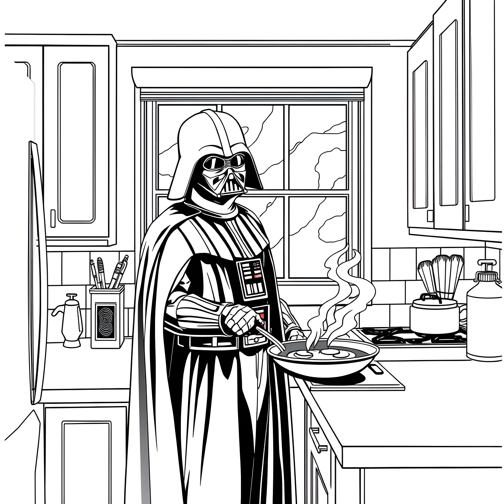 Darth Vader cooking in the kitchen Coloring Page (free black-and-white line drawing printable PDF for all, from beginners to advanced learners, including children, teens, adults, and seniors)