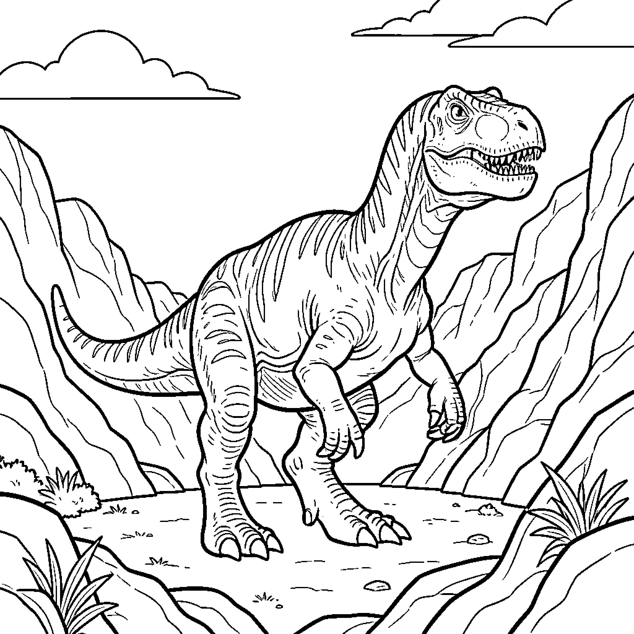 Dinosaur walking through a rocky mountain landscape Coloring Page (free black-and-white line drawing printable PDF for all, from beginners to advanced learners, including children, teens, adults, and seniors)