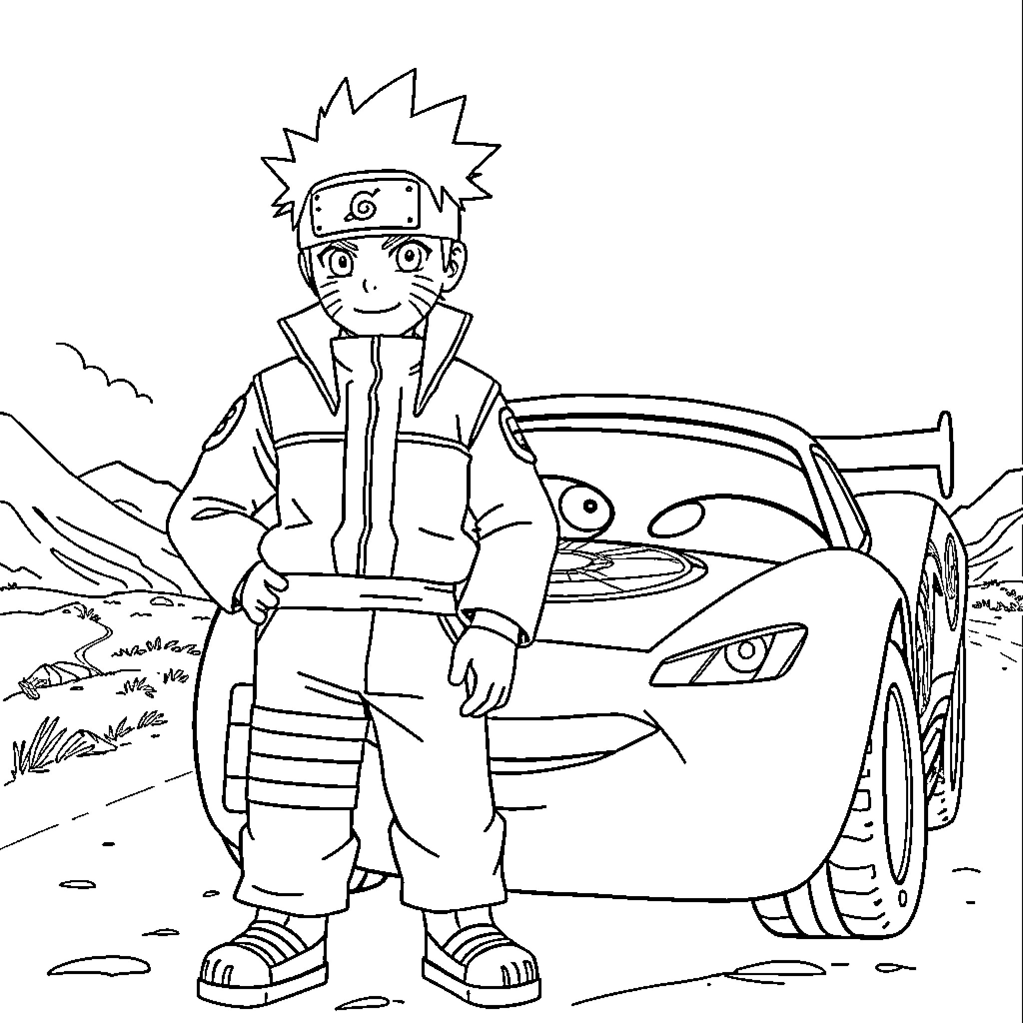 Naruto standing beside a high-speed vehicle Coloring Page (free black-and-white line drawing printable PDF for all, from beginners to advanced learners, including children, teens, adults, and seniors)