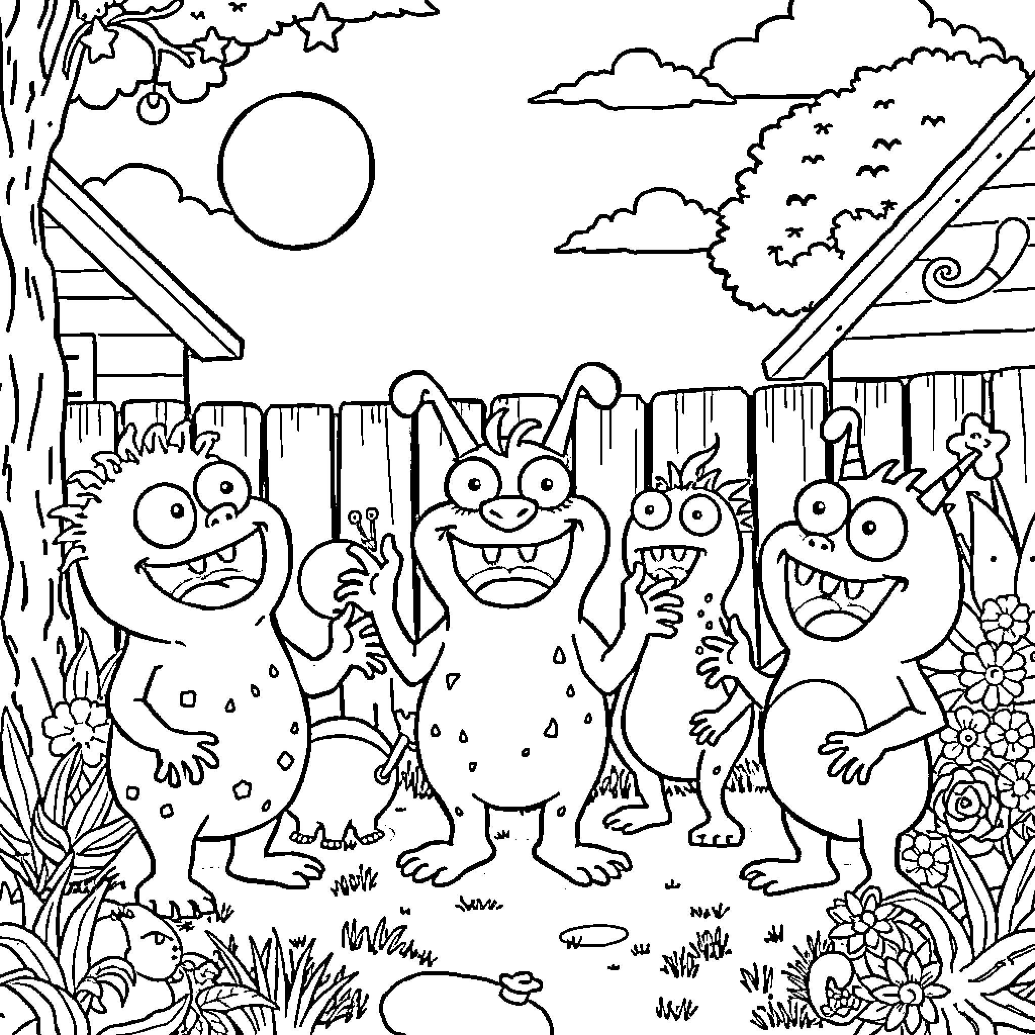 Monster Creatures Joyfully Dancing in the Moonlit Meadow Coloring Page (free black-and-white line drawing printable PDF for all, from beginners to advanced learners, including children, teens, adults, and seniors)