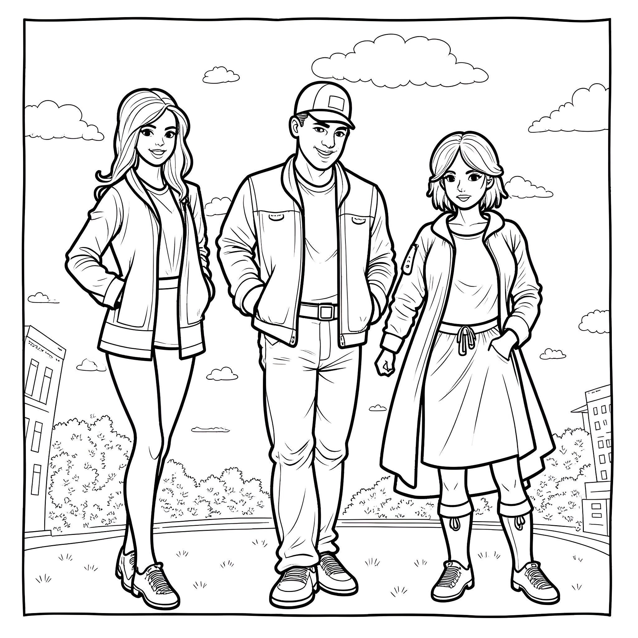 Comic Book Friends Enjoying Outdoors Together Coloring Page (free black-and-white line drawing printable PDF for all, from beginners to advanced learners, including children, teens, adults, and seniors)