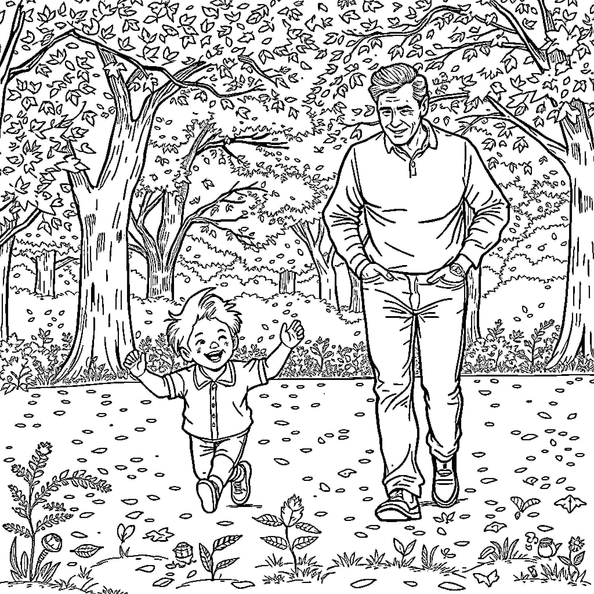 Kid playing joyfully with adult in forest setting Coloring Page (free black-and-white line drawing printable PDF for all, from beginners to advanced learners, including children, teens, adults, and seniors)