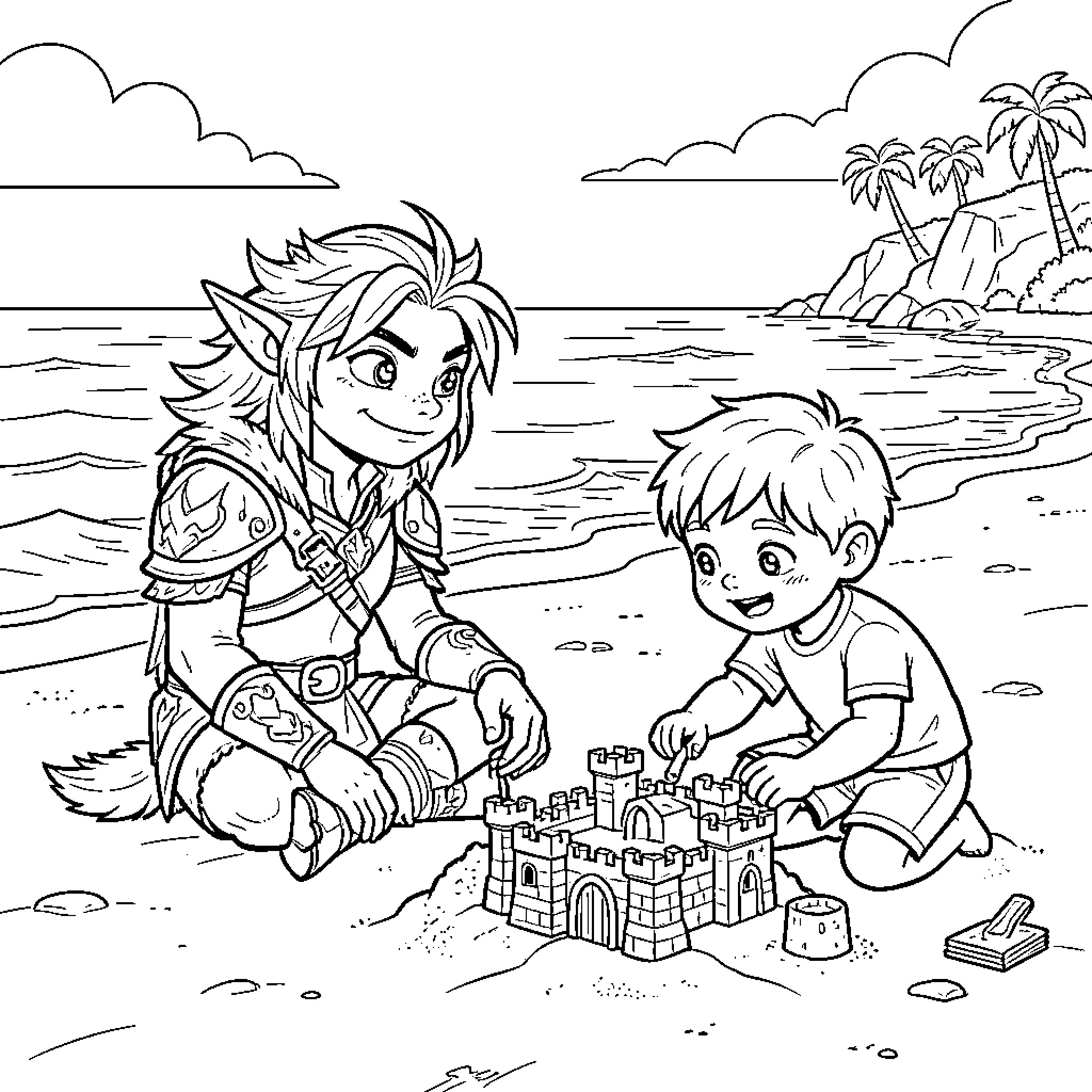 Dragon boy and child building a sandcastle on the beach Coloring Page (free black-and-white line drawing printable PDF for all, from beginners to advanced learners, including children, teens, adults, and seniors)