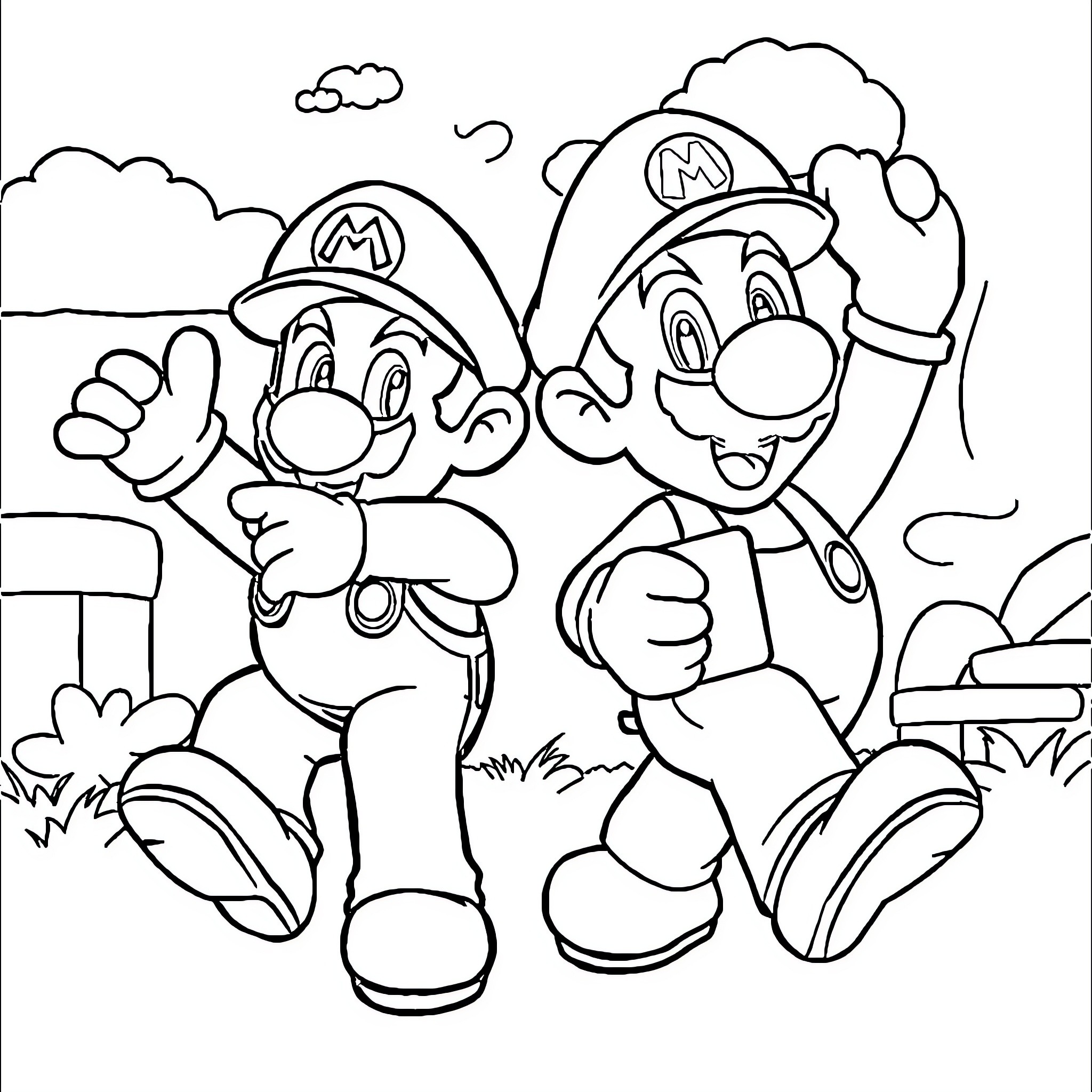 Mario and Luigi's Playful Adventure Coloring Page (free black-and-white line drawing printable PDF for all, from beginners to advanced learners, including children, teens, adults, and seniors)