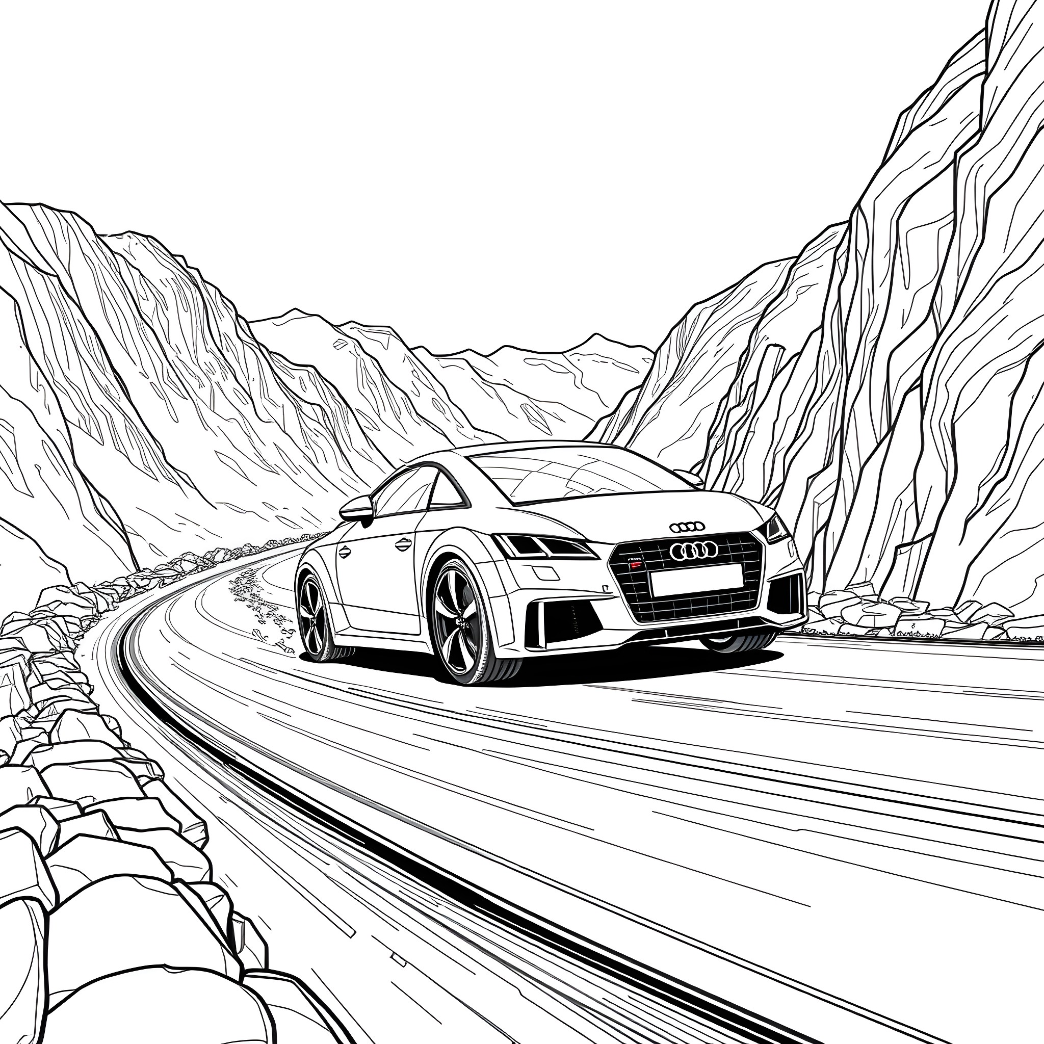 Audi TT cruising through scenic mountain roads Coloring Page (free black-and-white line drawing printable PDF for all, from beginners to advanced learners, including children, teens, adults, and seniors)