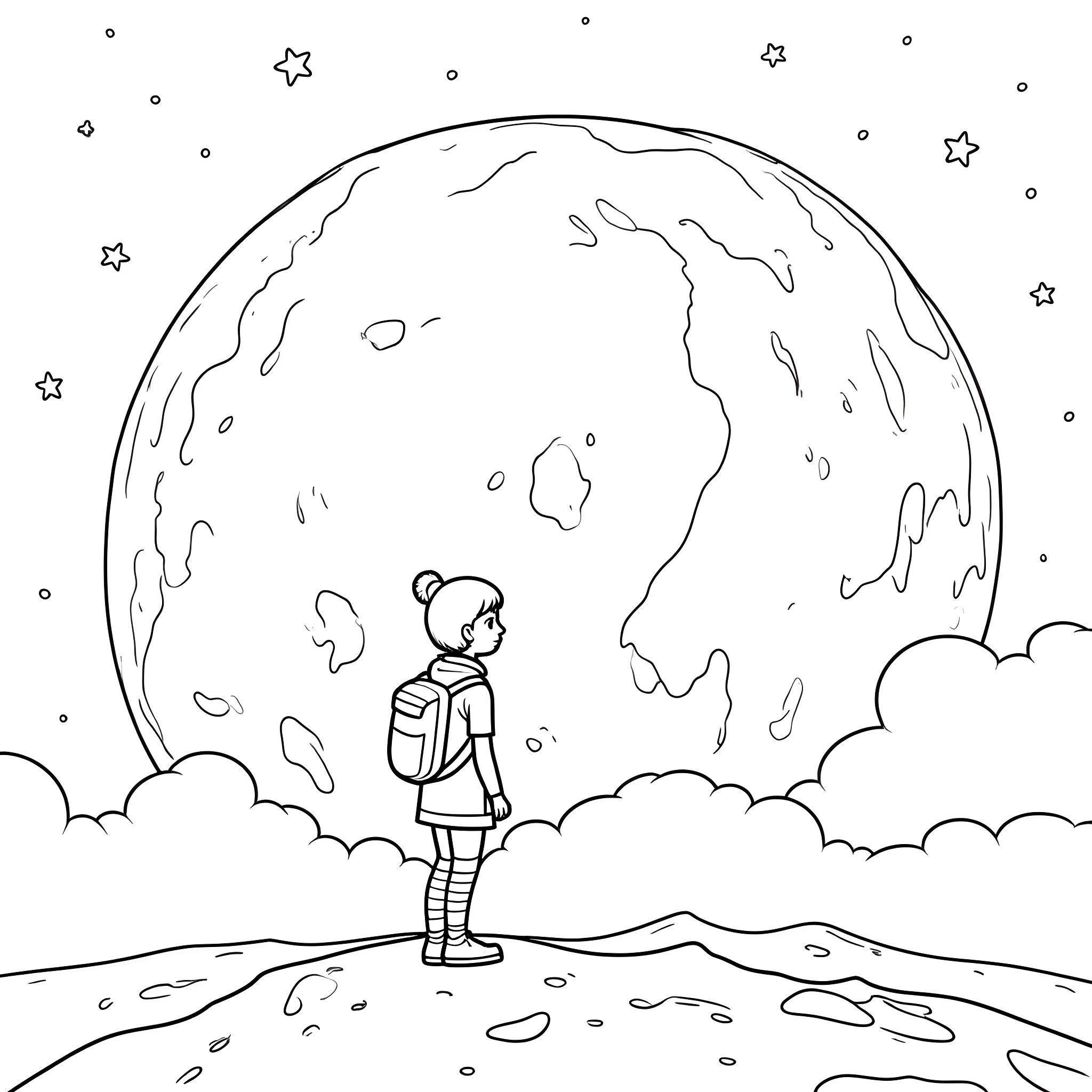 Frenna's Journey Under the Starry Sky Coloring Page (free black-and-white line drawing printable PDF for all, from beginners to advanced learners, including children, teens, adults, and seniors)