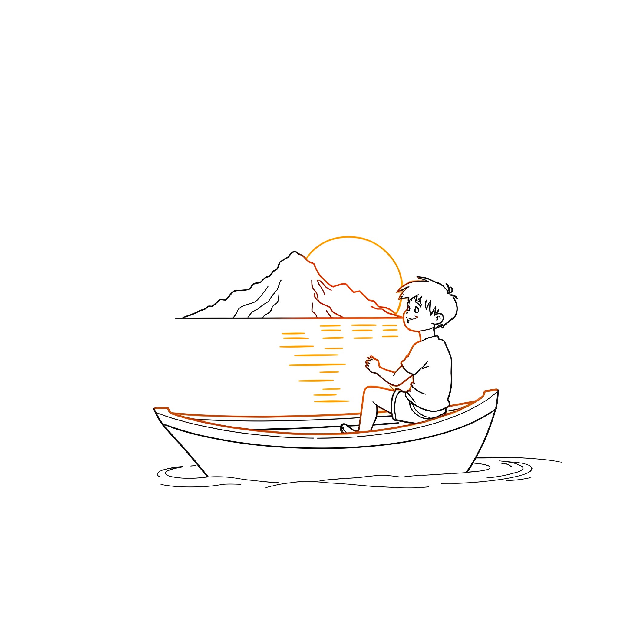 Baby Boy Enjoying Peaceful Boat Ride at Sunset Coloring Page (free black-and-white line drawing printable PDF for all, from beginners to advanced learners, including children, teens, adults, and seniors)