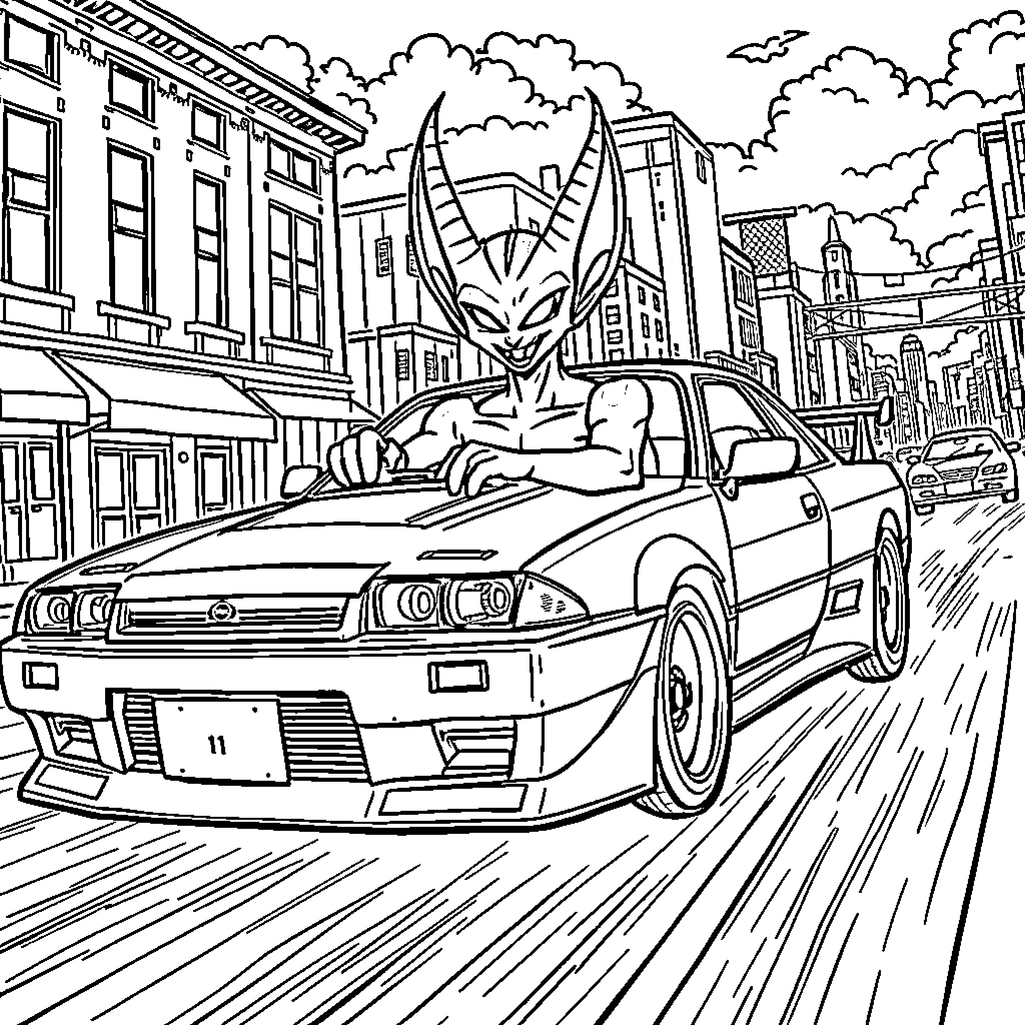 Beerus driving a high-speed sports car through the city Coloring Page (free black-and-white line drawing printable PDF for all, from beginners to advanced learners, including children, teens, adults, and seniors)