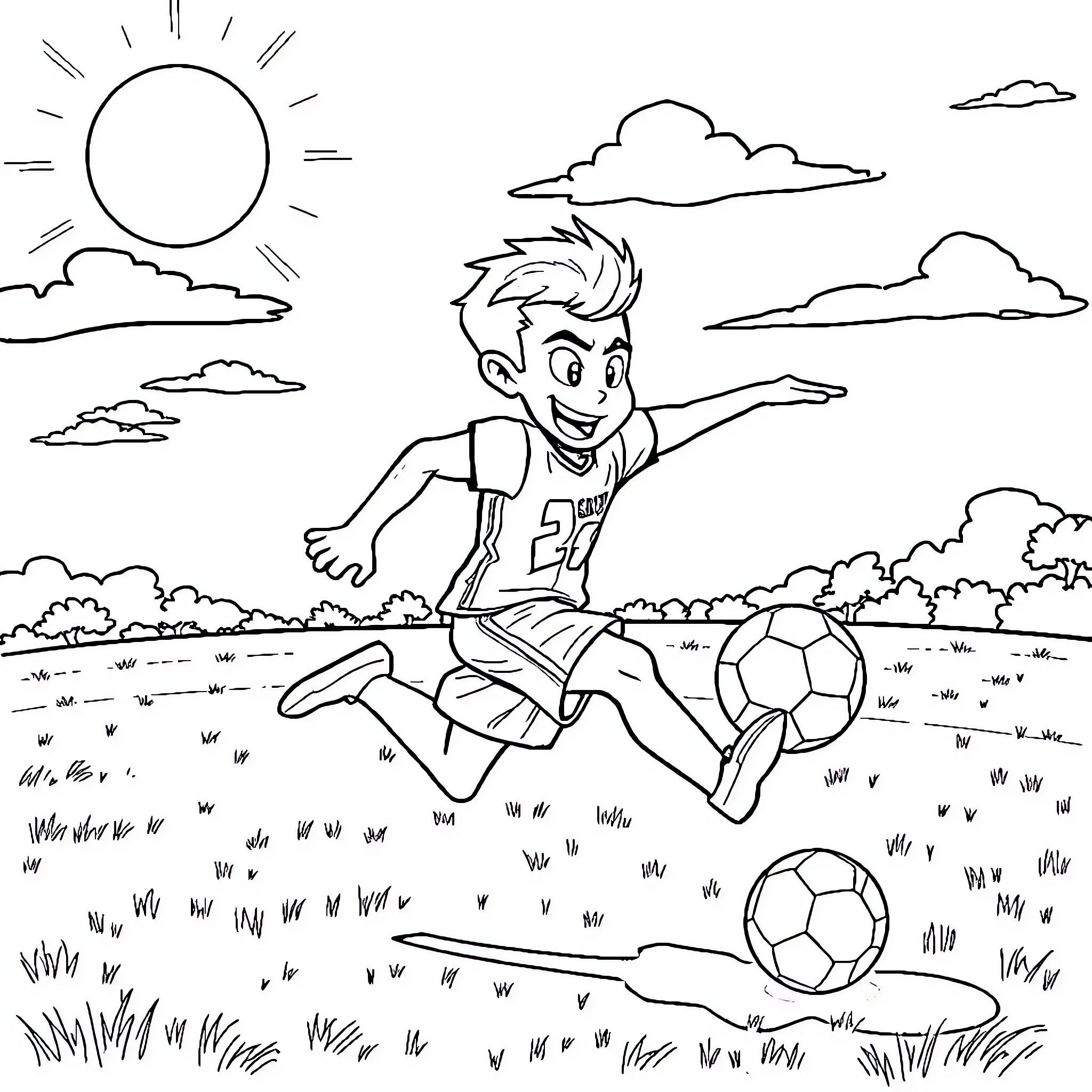 Beast Boy playing soccer in the park Coloring Page (free black-and-white line drawing printable PDF for all, from beginners to advanced learners, including children, teens, adults, and seniors)