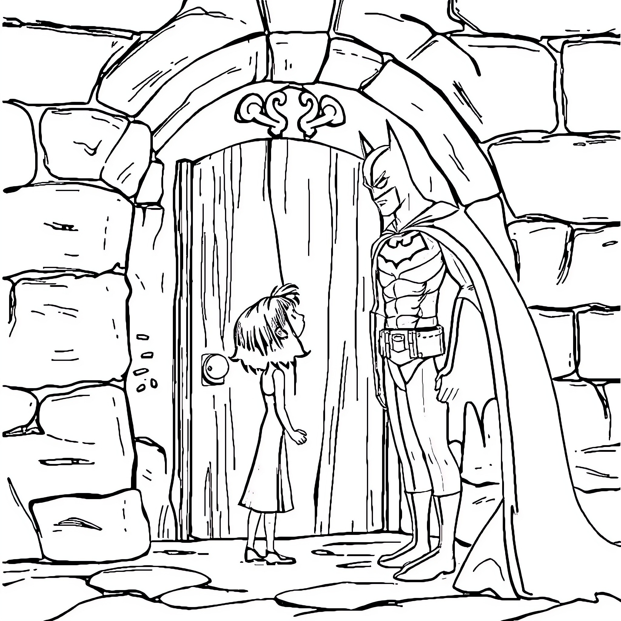 Coraline and Batman at the Enchanted Doorway Coloring Page (free black-and-white line drawing printable PDF for all, from beginners to advanced learners, including children, teens, adults, and seniors)
