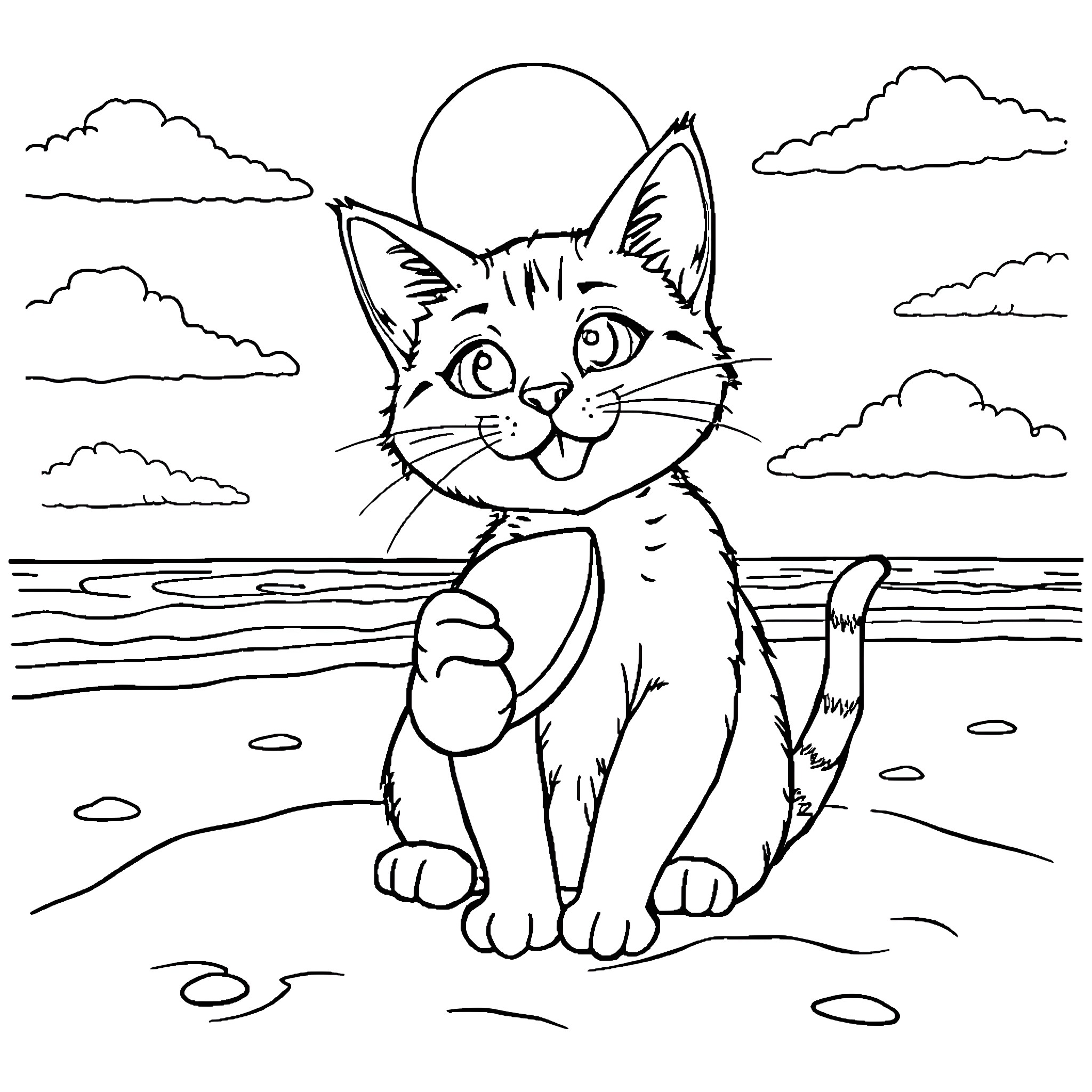 Cat enjoying the beach scenery Coloring Page (free black-and-white line drawing printable PDF for all, from beginners to advanced learners, including children, teens, adults, and seniors)