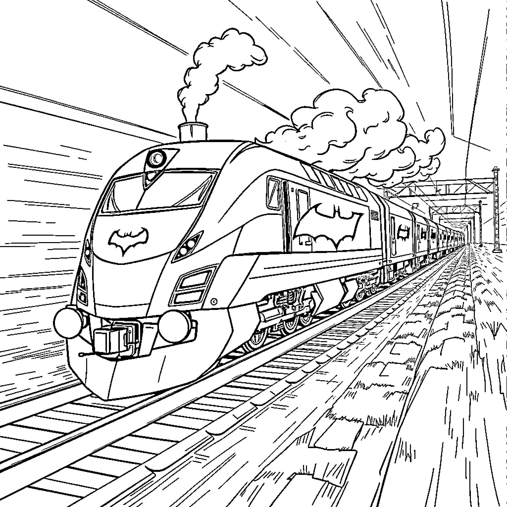 Batman Train speeding through the city Coloring Page (free black-and-white line drawing printable PDF for all, from beginners to advanced learners, including children, teens, adults, and seniors)