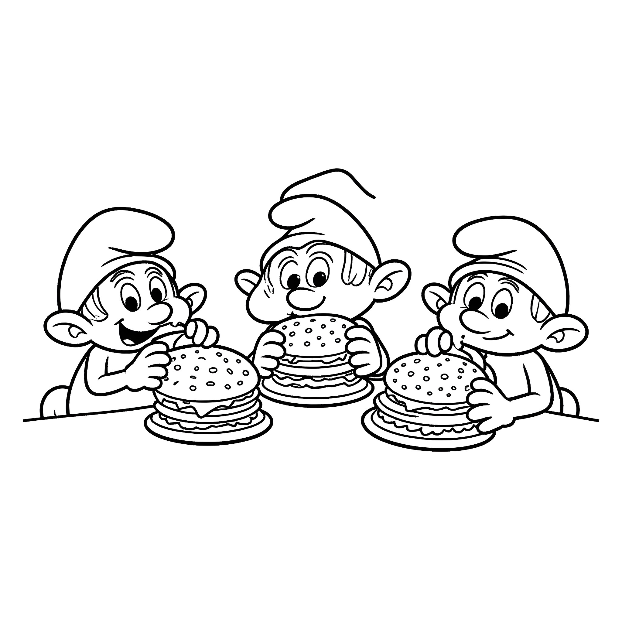 Smurfs enjoying delicious burgers together Coloring Page (free black-and-white line drawing printable PDF for all, from beginners to advanced learners, including children, teens, adults, and seniors)