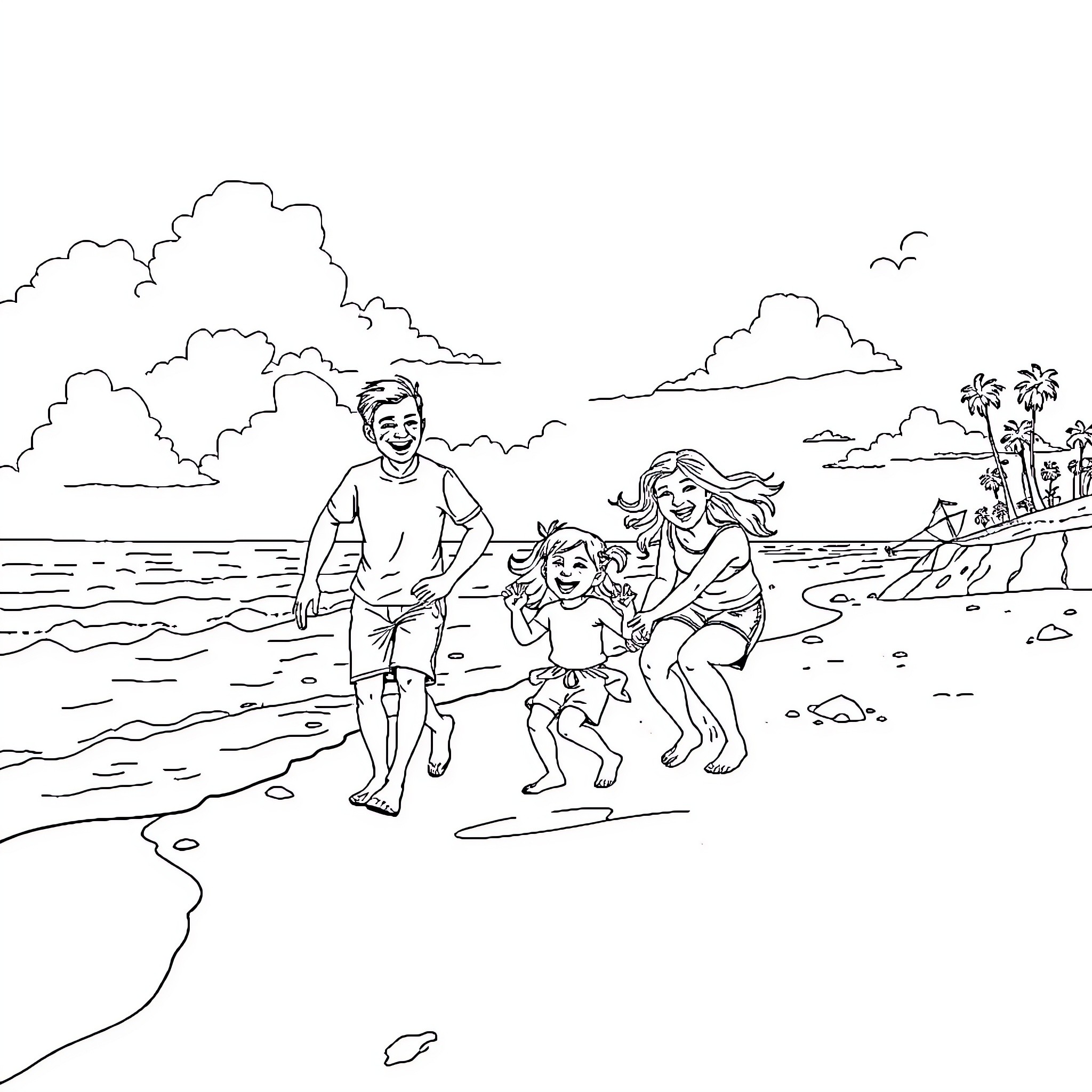 Family enjoying a sunny day at the beach Coloring Page (free black-and-white line drawing printable PDF for all, from beginners to advanced learners, including children, teens, adults, and seniors)