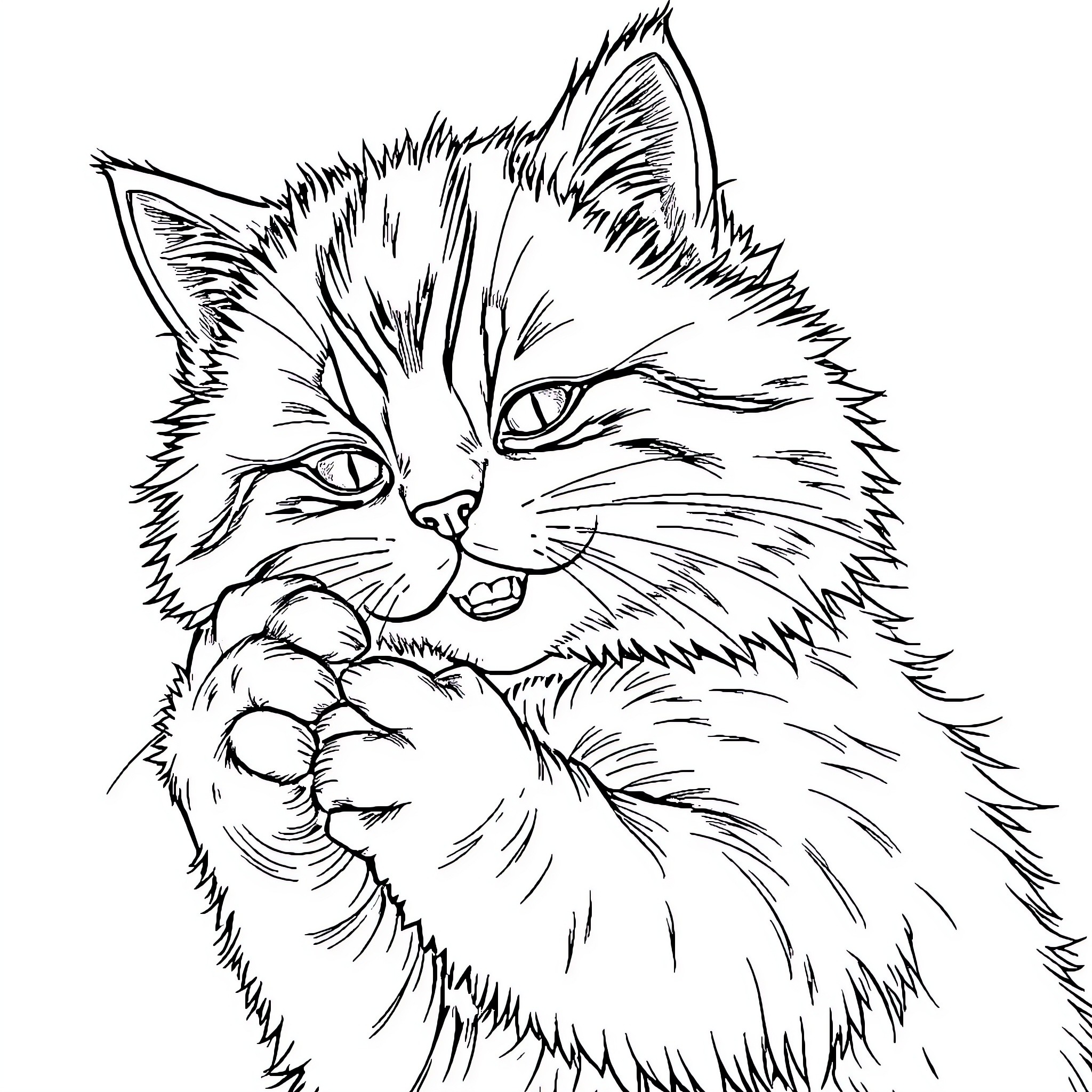 Cat with fierce expression and outstretched paw Coloring Page (free black-and-white line drawing printable PDF for all, from beginners to advanced learners, including children, teens, adults, and seniors)