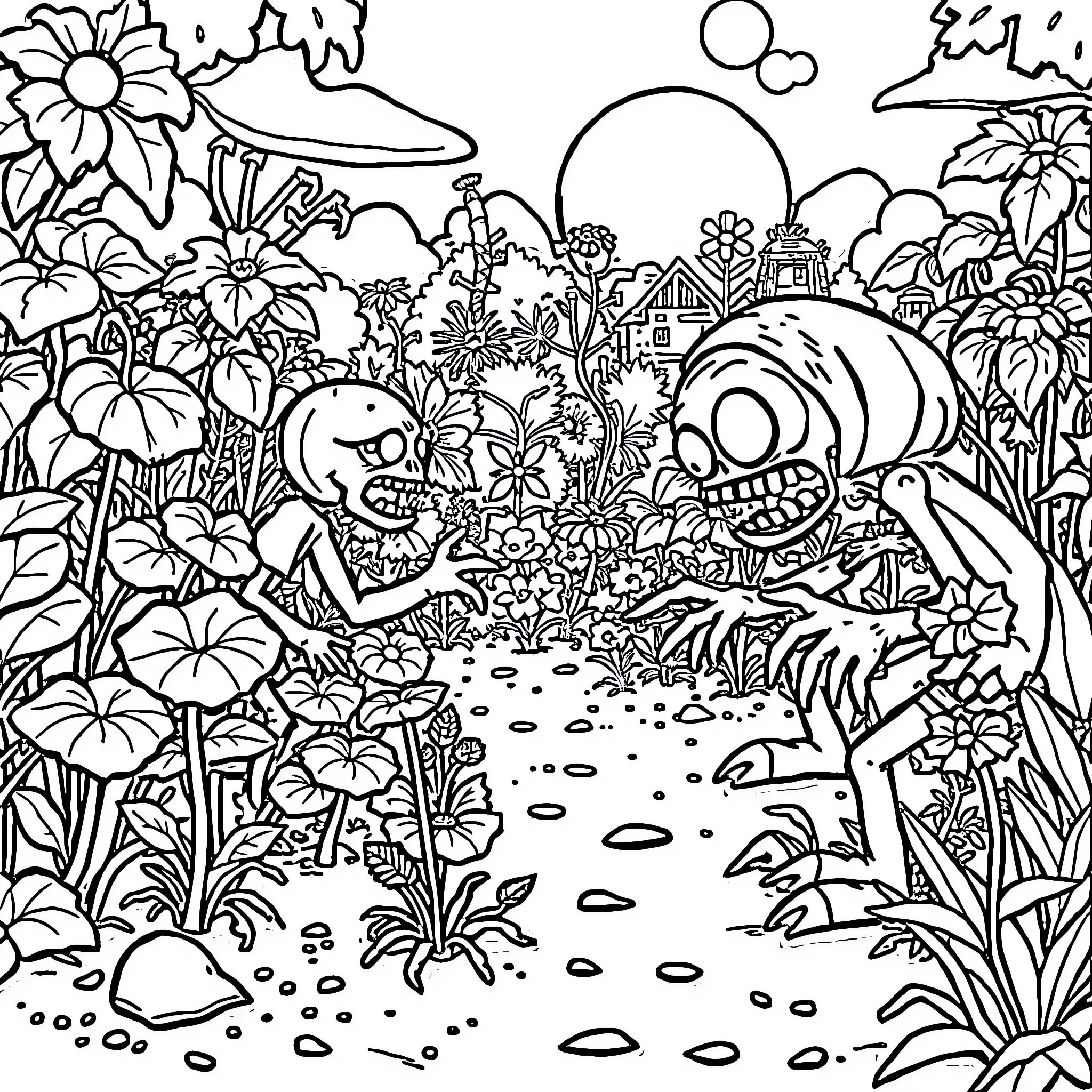 Plant vs Zombies: Whimsical Encounter in Vibrant Garden Coloring Page (free black-and-white line drawing printable PDF for all, from beginners to advanced learners, including children, teens, adults, and seniors)